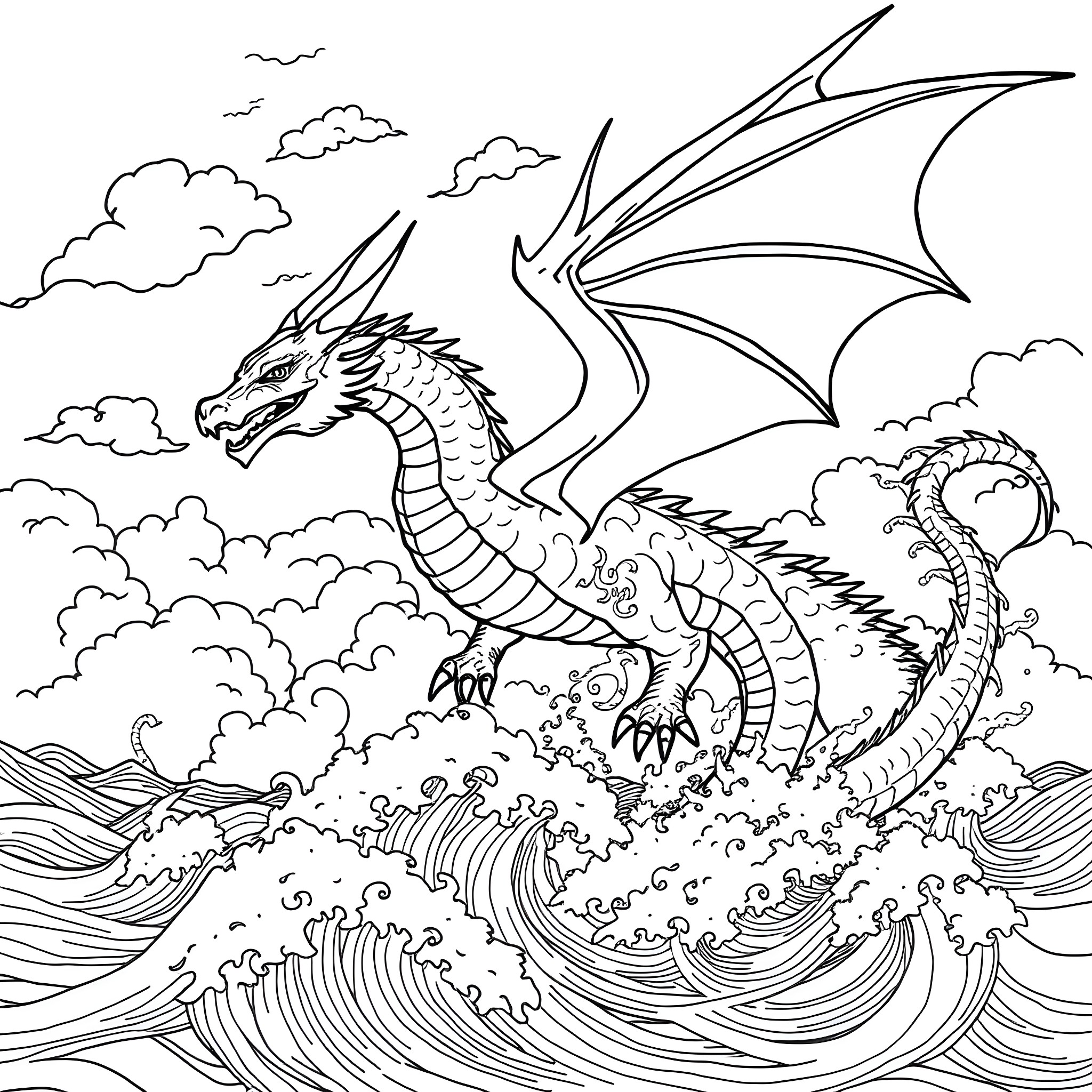 Dragon soaring above stormy waves and clouds Coloring Page (free black-and-white line drawing printable PDF for all, from beginners to advanced learners, including children, teens, adults, and seniors)