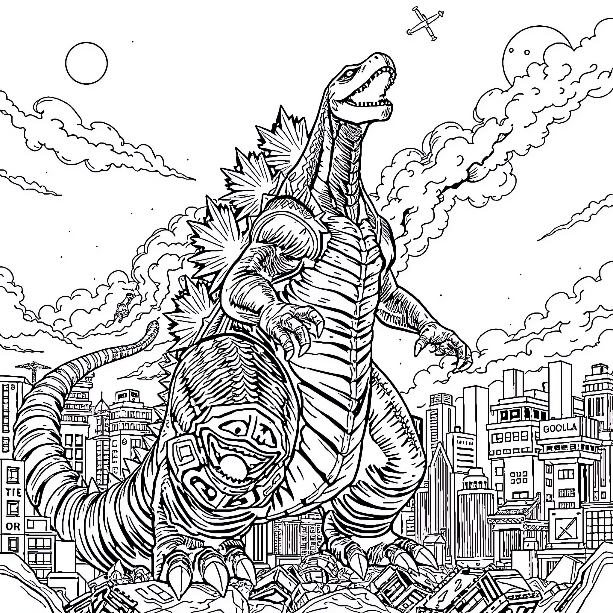 Godzilla rampaging through the cityscape Coloring Page (free black-and-white line drawing printable PDF for all, from beginners to advanced learners, including children, teens, adults, and seniors)