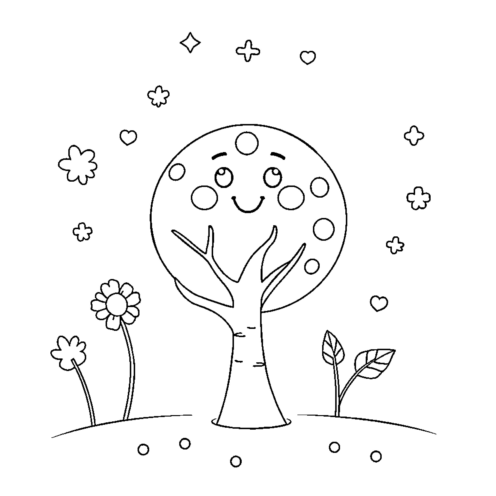 January Playful Tree with Smiling Flowers Coloring Page (free black-and-white line drawing printable PDF for all, from beginners to advanced learners, including children, teens, adults, and seniors)