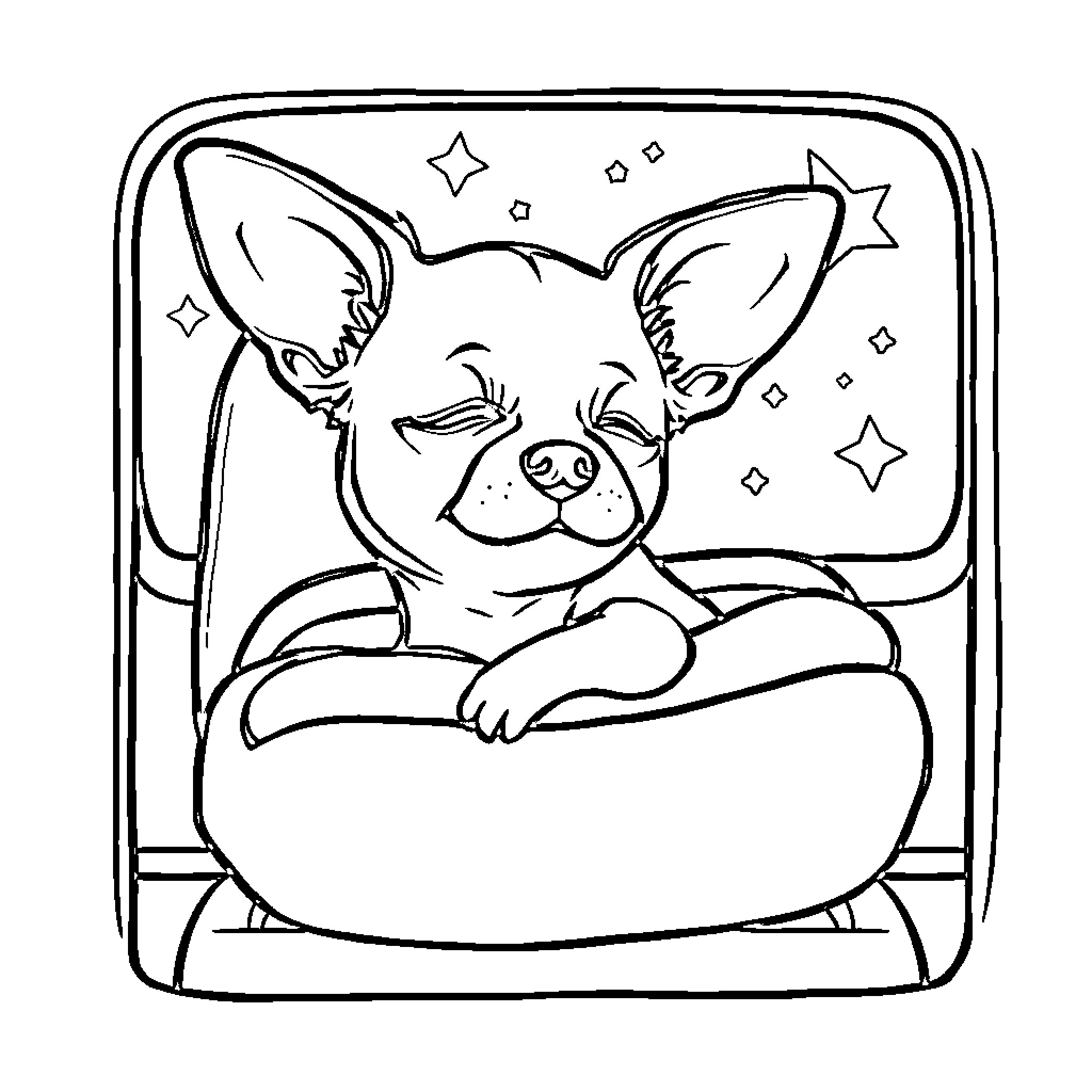 Chien rêveur dans un décor étoilé Coloring Page (free black-and-white line drawing printable PDF for all, from beginners to advanced learners, including children, teens, adults, and seniors)