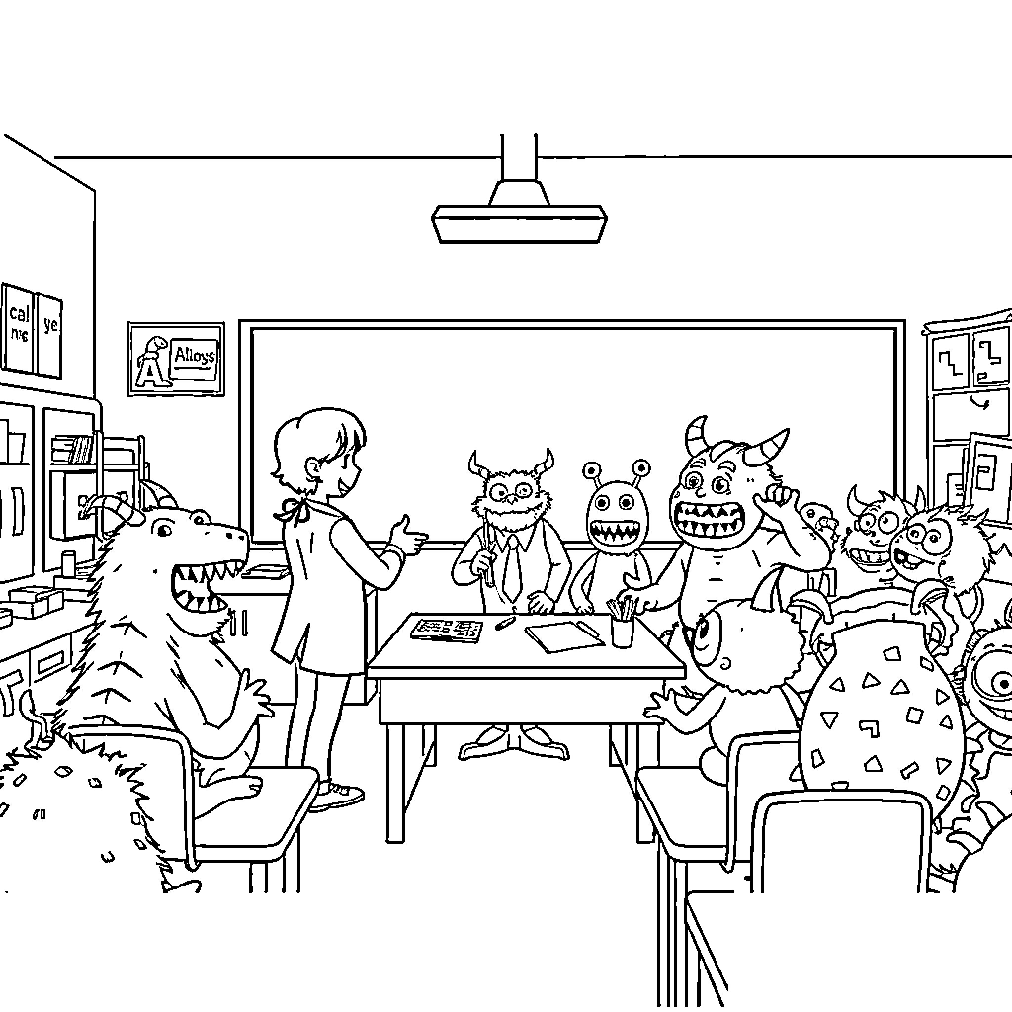 Monster students attending class with teacher Coloring Page (free black-and-white line drawing printable PDF for all, from beginners to advanced learners, including children, teens, adults, and seniors)