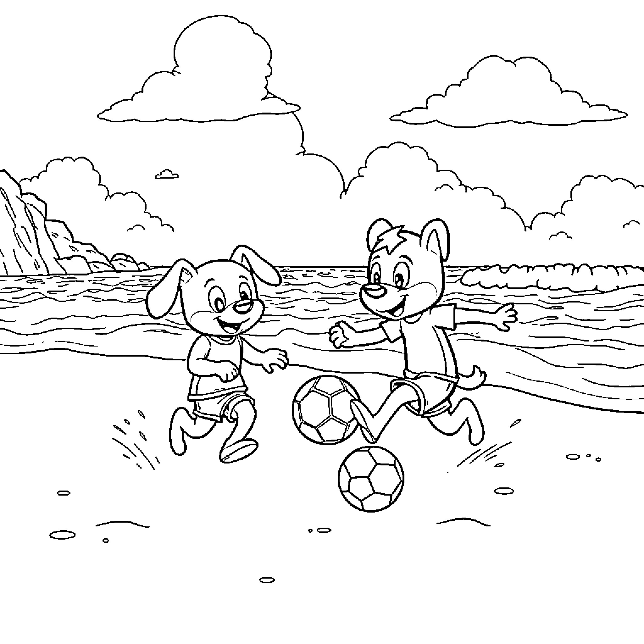 Bluey and Bingo playing soccer on the beach Coloring Page (free black-and-white line drawing printable PDF for all, from beginners to advanced learners, including children, teens, adults, and seniors)