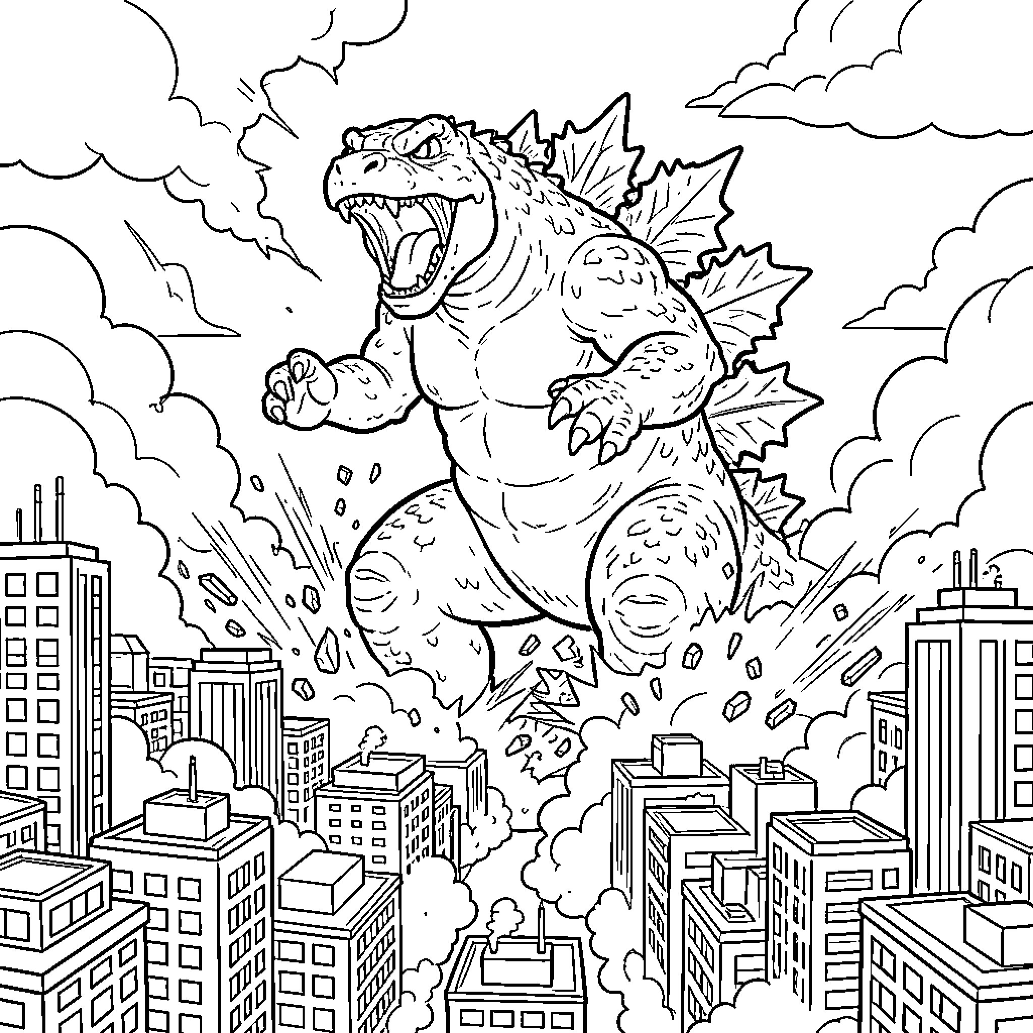 Godzilla roaring while stomping through a city Coloring Page (free black-and-white line drawing printable PDF for all, from beginners to advanced learners, including children, teens, adults, and seniors)