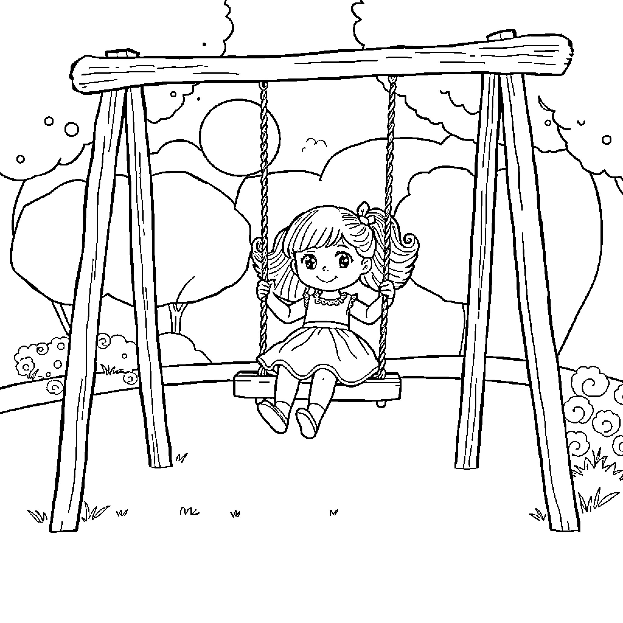 Doll sitting on a swing in nature Coloring Page (free black-and-white line drawing printable PDF for all, from beginners to advanced learners, including children, teens, adults, and seniors)