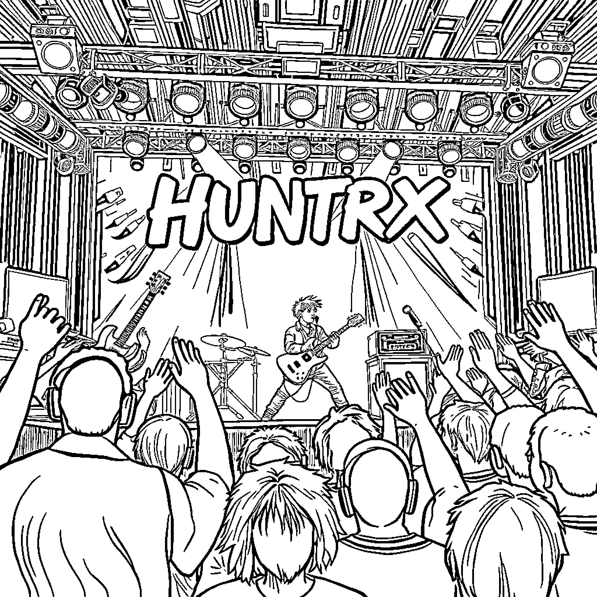 Huntrx Rocking Out On Stage Coloring Page (free black-and-white line drawing printable PDF for all, from beginners to advanced learners, including children, teens, adults, and seniors)