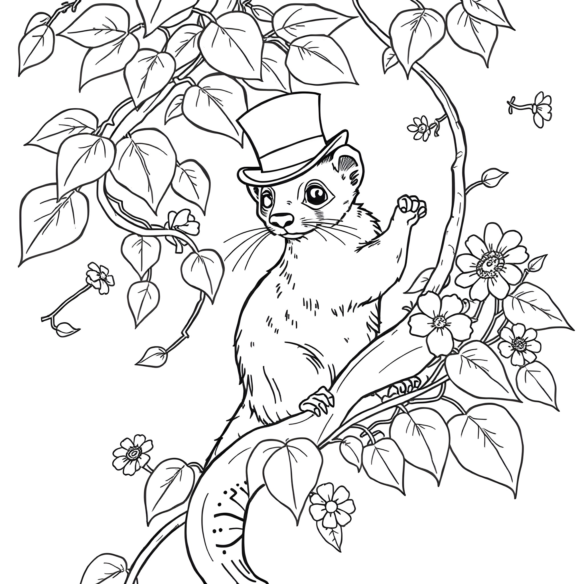Ferret exploring a floral wonderland Coloring Page (free black-and-white line drawing printable PDF for all, from beginners to advanced learners, including children, teens, adults, and seniors)