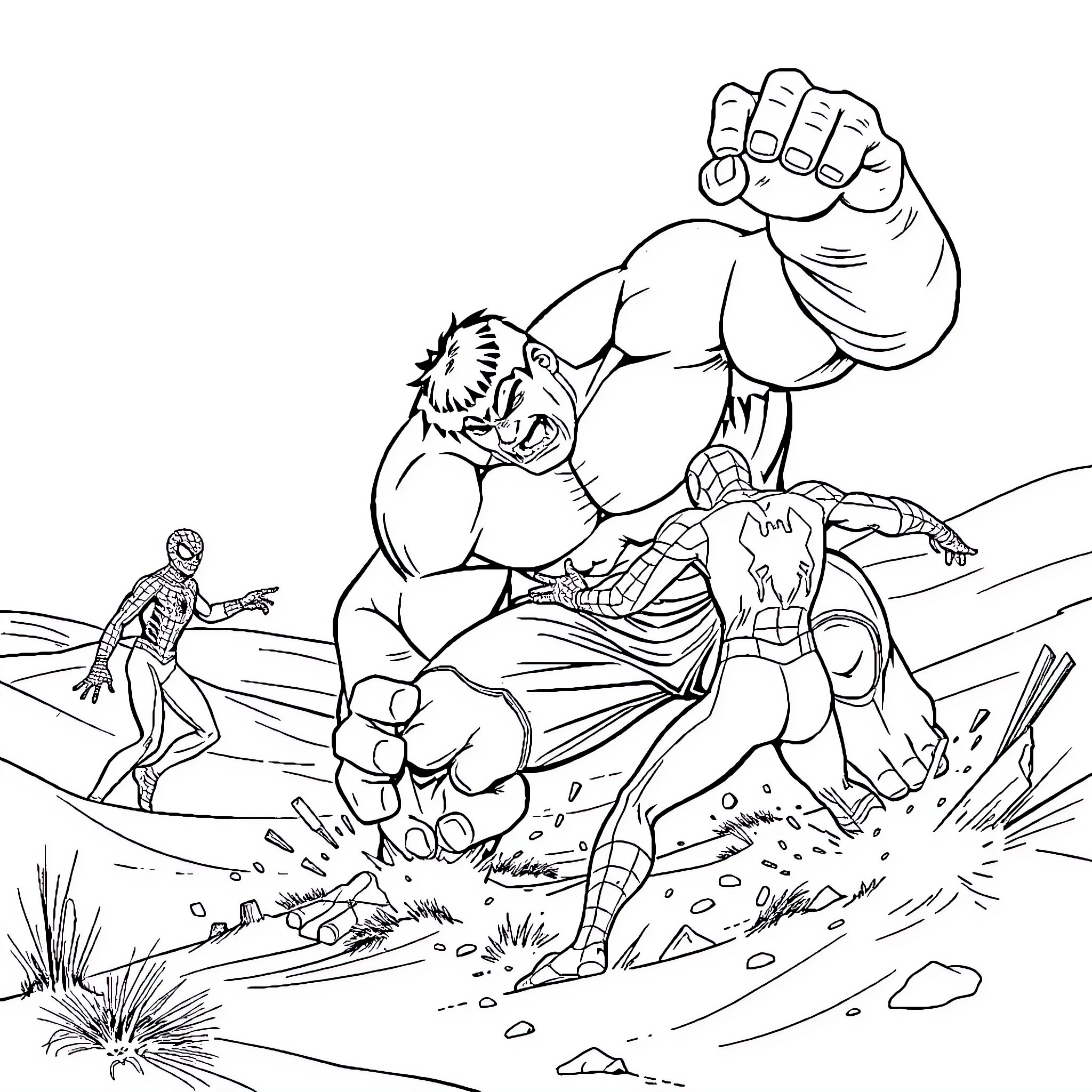 Hulk unleashing fury in epic battle with superheroes Coloring Page (free black-and-white line drawing printable PDF for all, from beginners to advanced learners, including children, teens, adults, and seniors)
