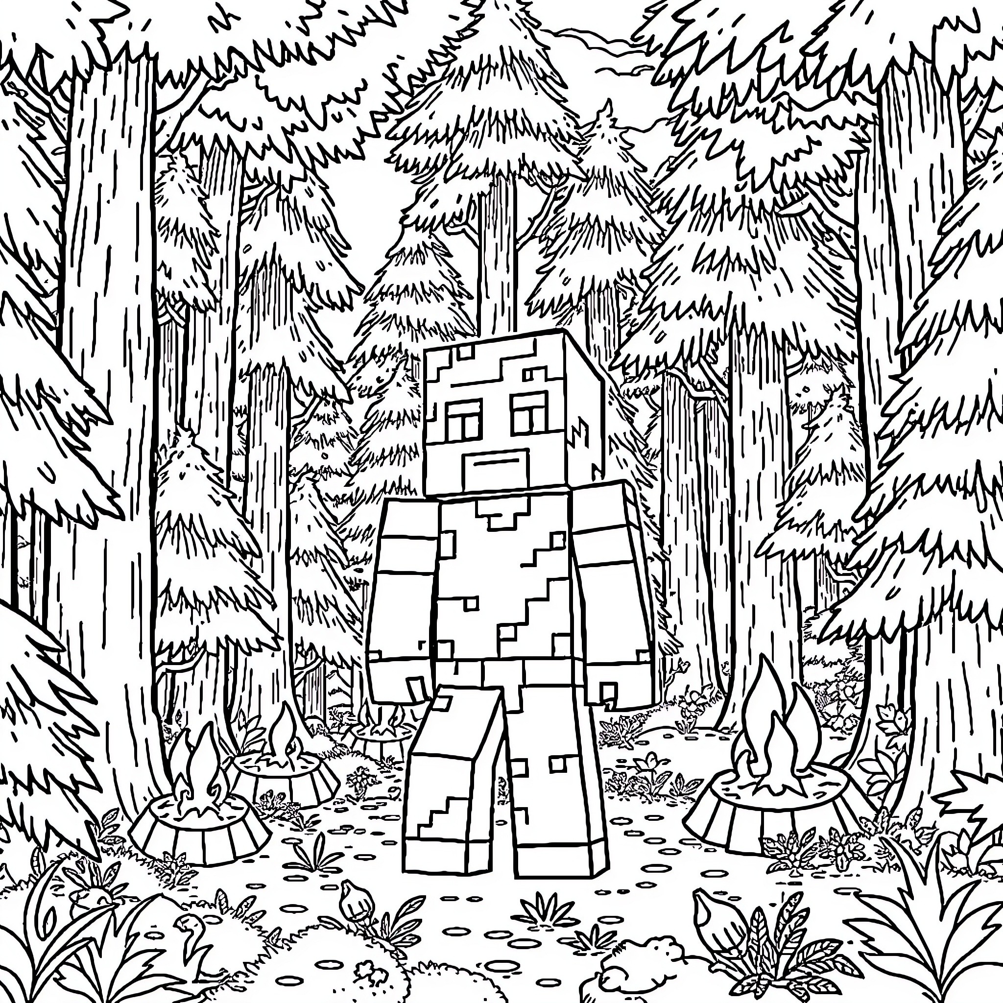 Steve's Blocky Adventure in the Enchanted Forest Coloring Page (free black-and-white line drawing printable PDF for all, from beginners to advanced learners, including children, teens, adults, and seniors)