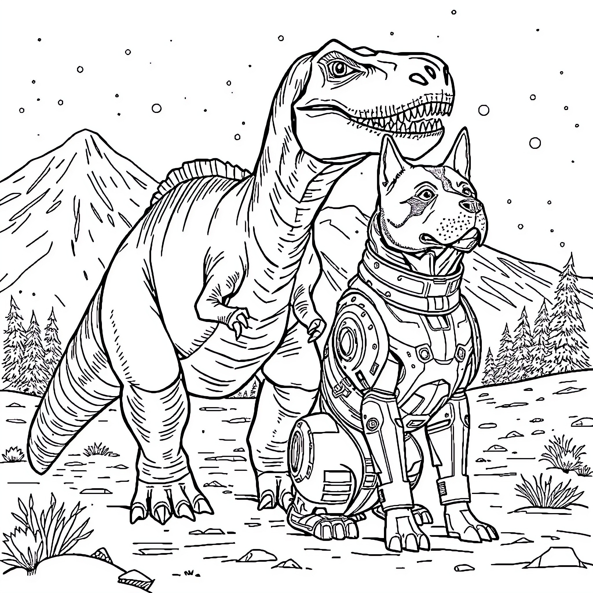 Dinosaur and Cyborg Dog Exploring Snowy Mountains Coloring Page (free black-and-white line drawing printable PDF for all, from beginners to advanced learners, including children, teens, adults, and seniors)