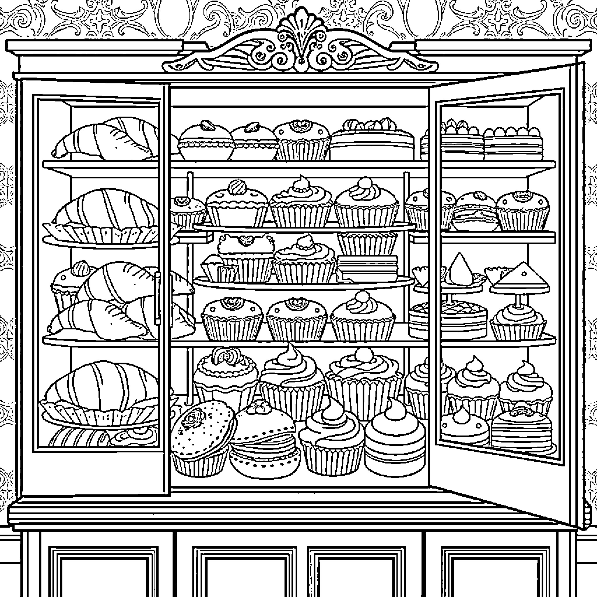 Cabinet Filled with Delicious Baked Goods Coloring Page (free black-and-white line drawing printable PDF for all, from beginners to advanced learners, including children, teens, adults, and seniors)