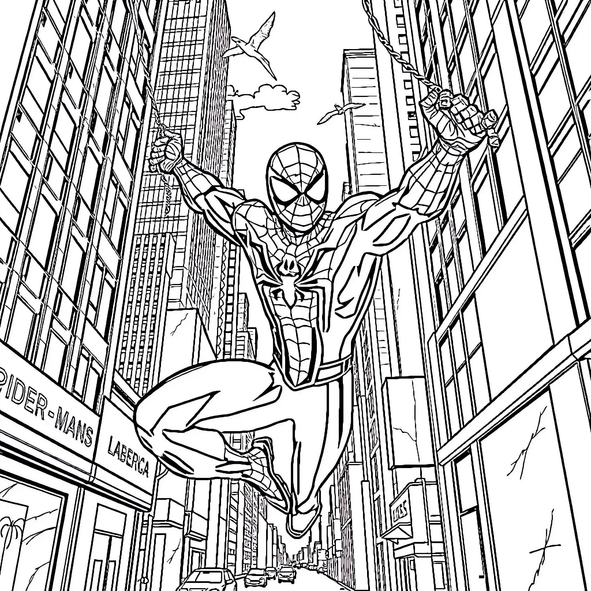 Spiderman swinging through the city skyline Coloring Page (free black-and-white line drawing printable PDF for all, from beginners to advanced learners, including children, teens, adults, and seniors)