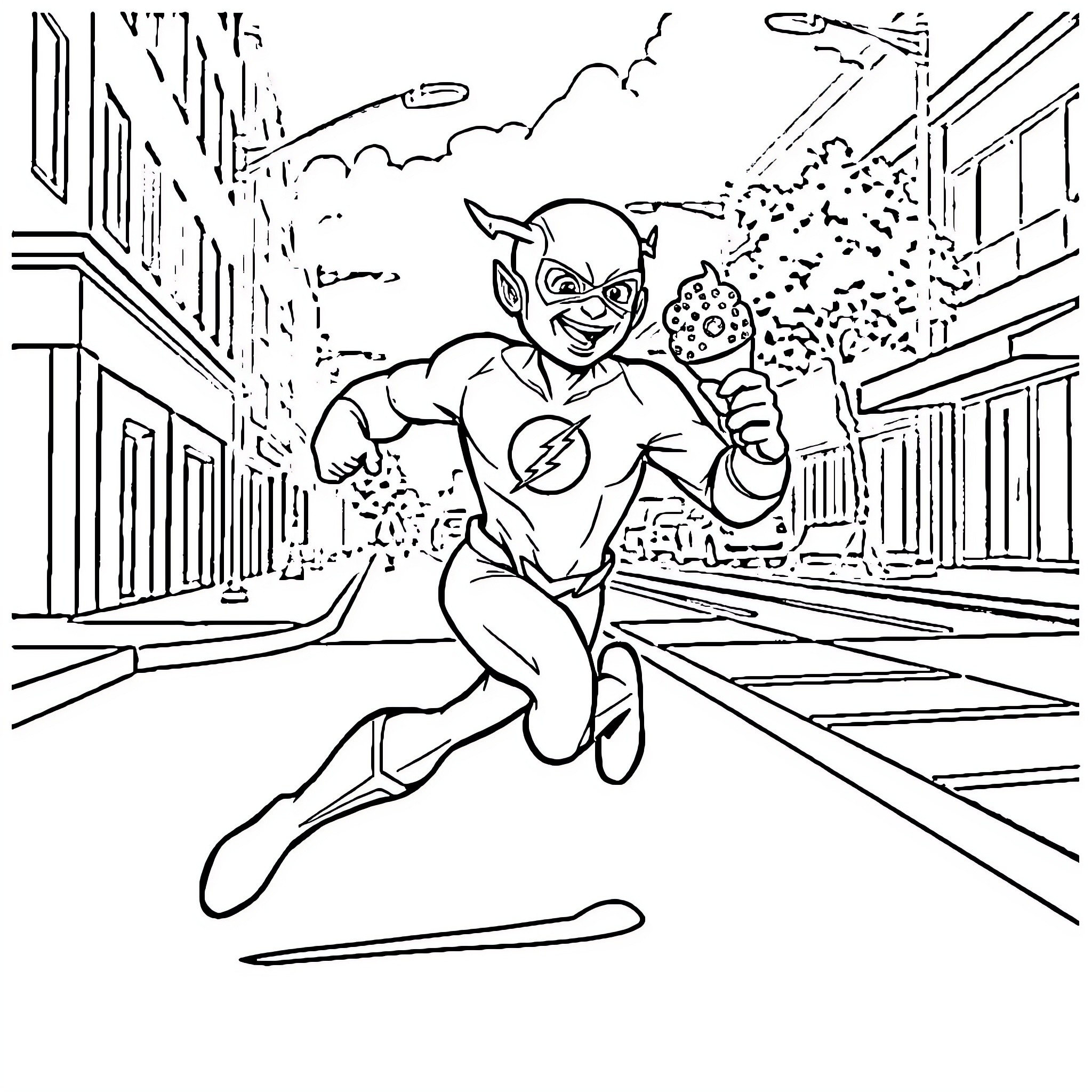 Flash's Action-Packed Urban Adventure Coloring Page (free black-and-white line drawing printable PDF for all, from beginners to advanced learners, including children, teens, adults, and seniors)
