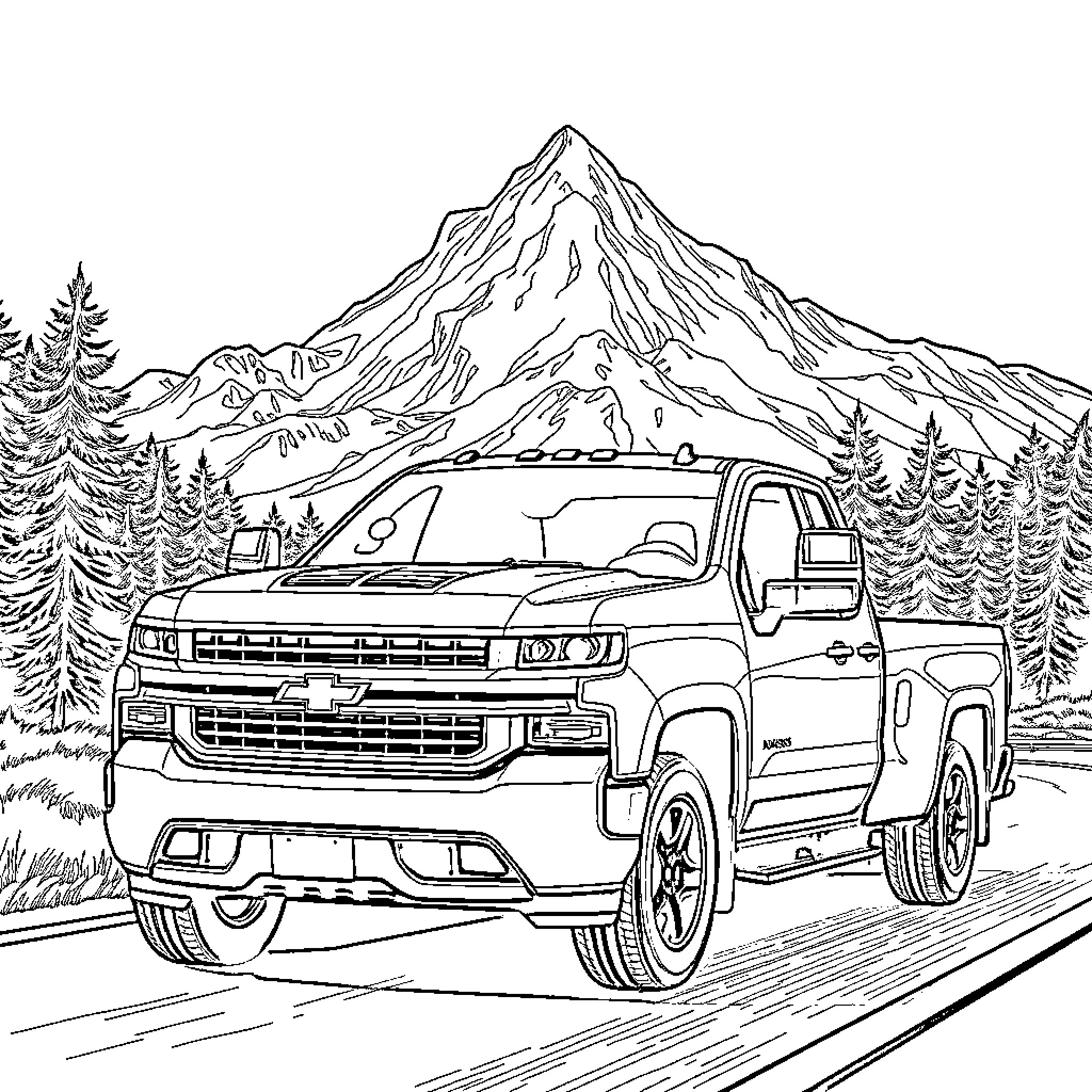 Truck off-roading through snowy mountain landscape Coloring Page (free black-and-white line drawing printable PDF for all, from beginners to advanced learners, including children, teens, adults, and seniors)
