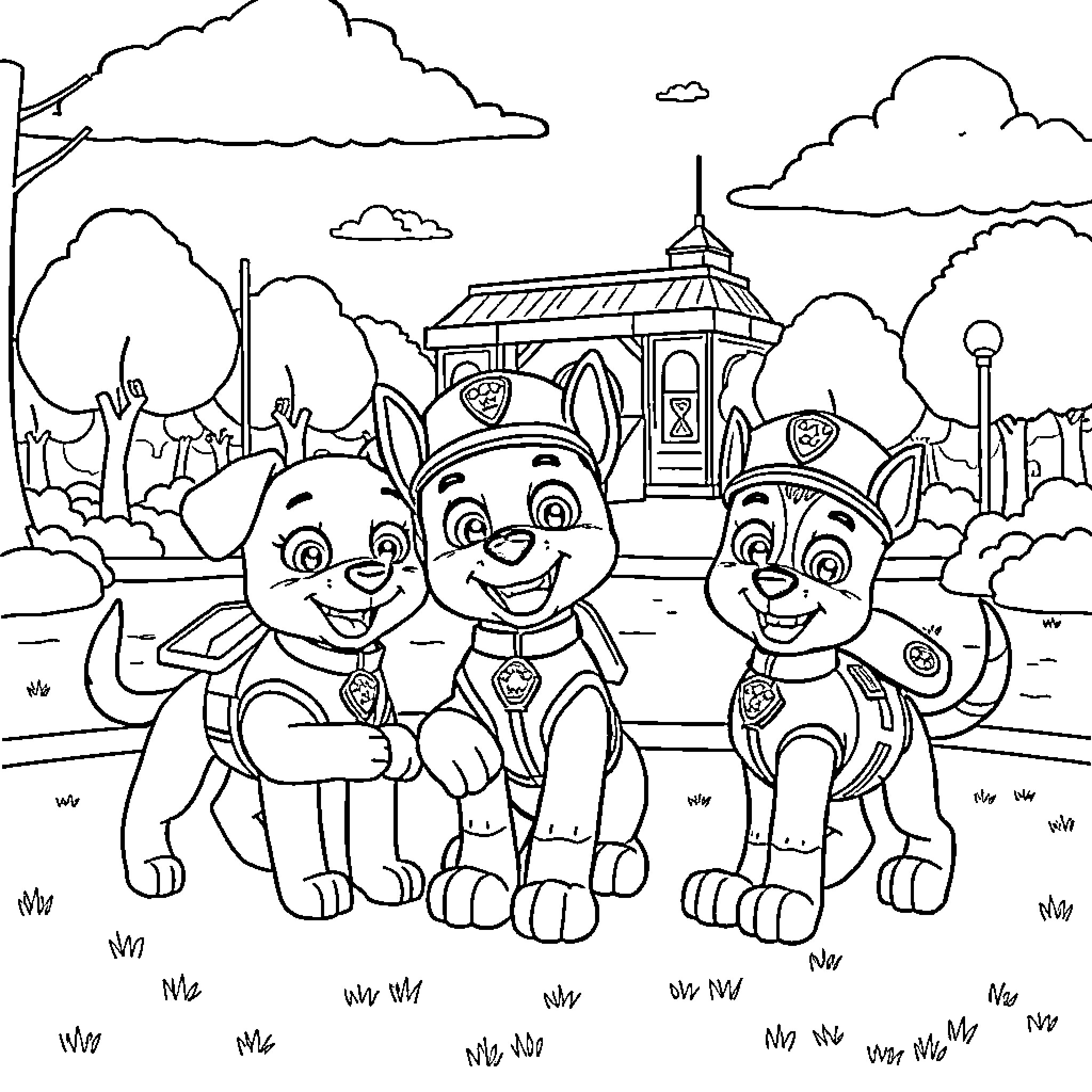 Paw Patrol characters in an outdoor scene Coloring Page (free black-and-white line drawing printable PDF for all, from beginners to advanced learners, including children, teens, adults, and seniors)