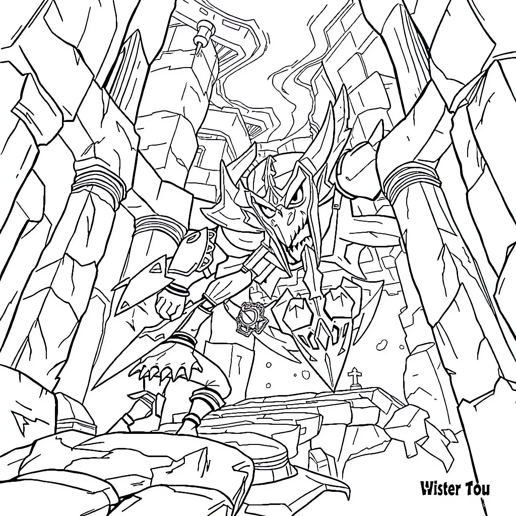 Link Exploring Mysterious Cavern with Fantastical Creatures Coloring Page (free black-and-white line drawing printable PDF for all, from beginners to advanced learners, including children, teens, adults, and seniors)