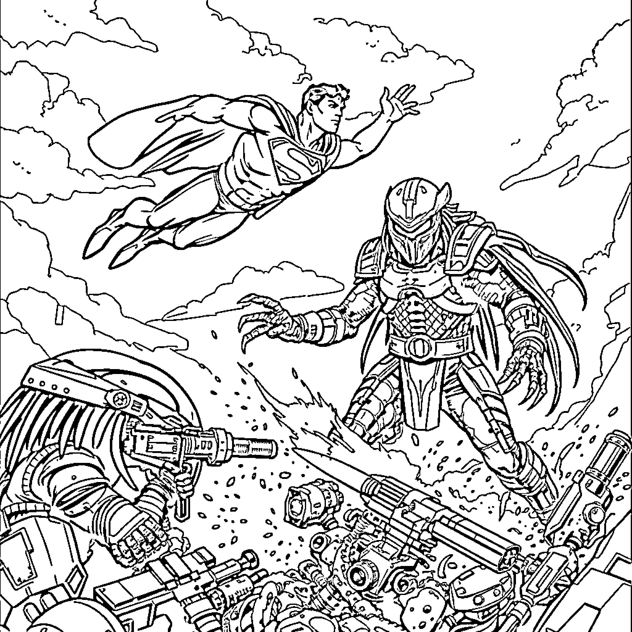 Superman saving the world from robotic threats Coloring Page (free black-and-white line drawing printable PDF for all, from beginners to advanced learners, including children, teens, adults, and seniors)
