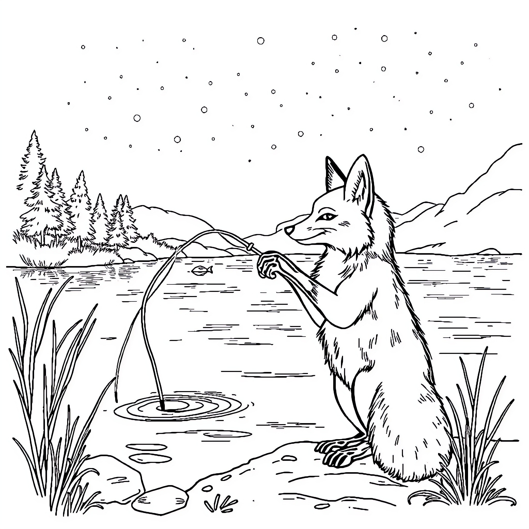 Fox hunting in a winter wonderland Coloring Page (free black-and-white line drawing printable PDF for all, from beginners to advanced learners, including children, teens, adults, and seniors)