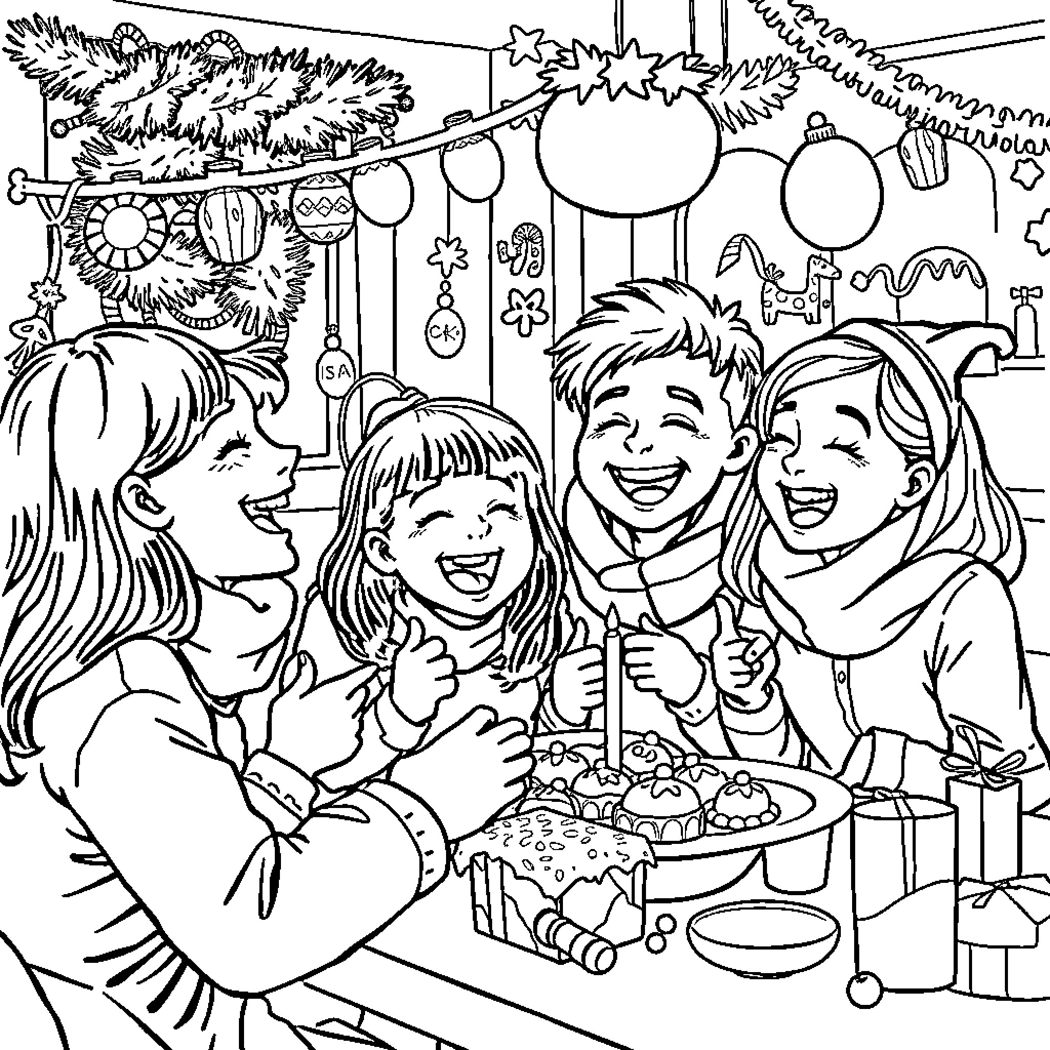 Students Enjoying Holiday Celebrations Together Coloring Page (free black-and-white line drawing printable PDF for all, from beginners to advanced learners, including children, teens, adults, and seniors)