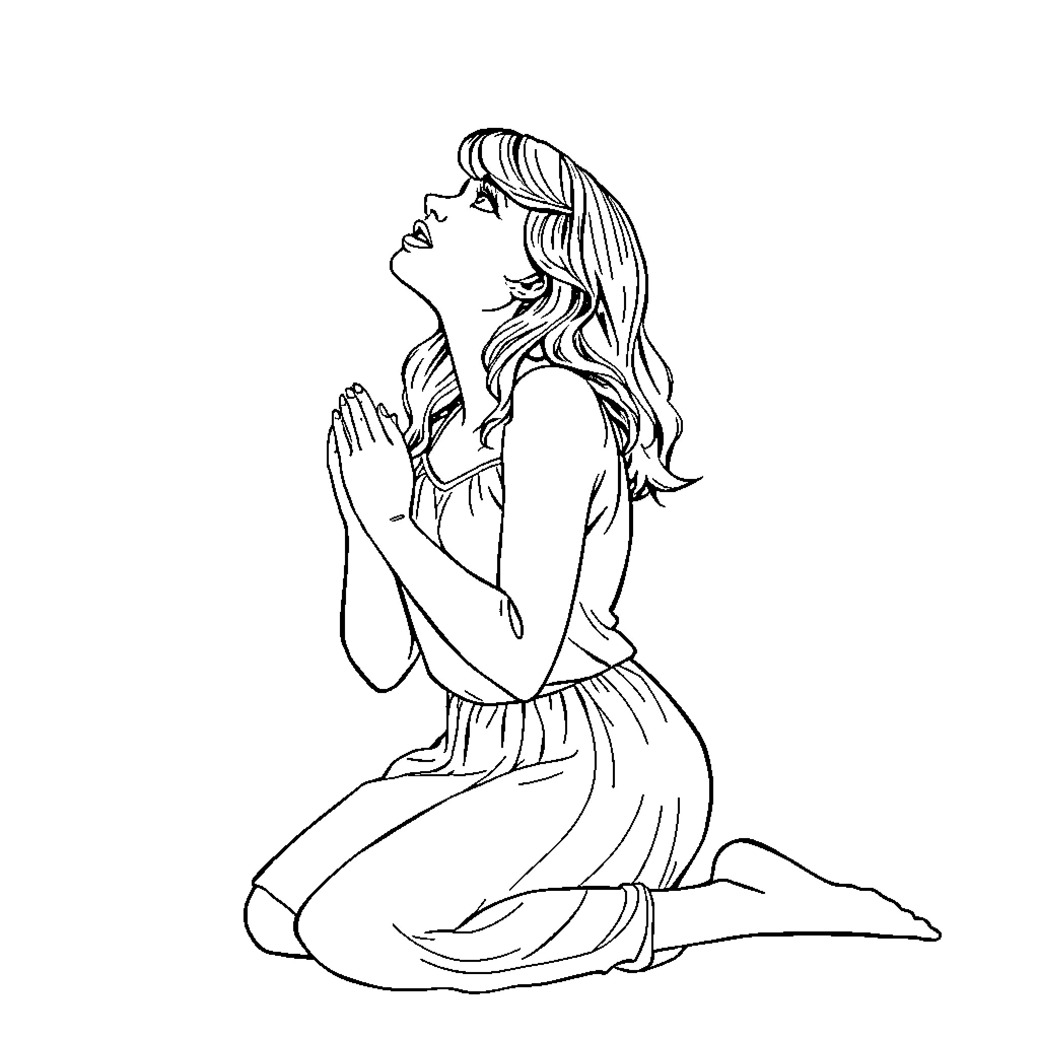 Taylor Swift praying in a serene pose Coloring Page (free black-and-white line drawing printable PDF for all, from beginners to advanced learners, including children, teens, adults, and seniors)