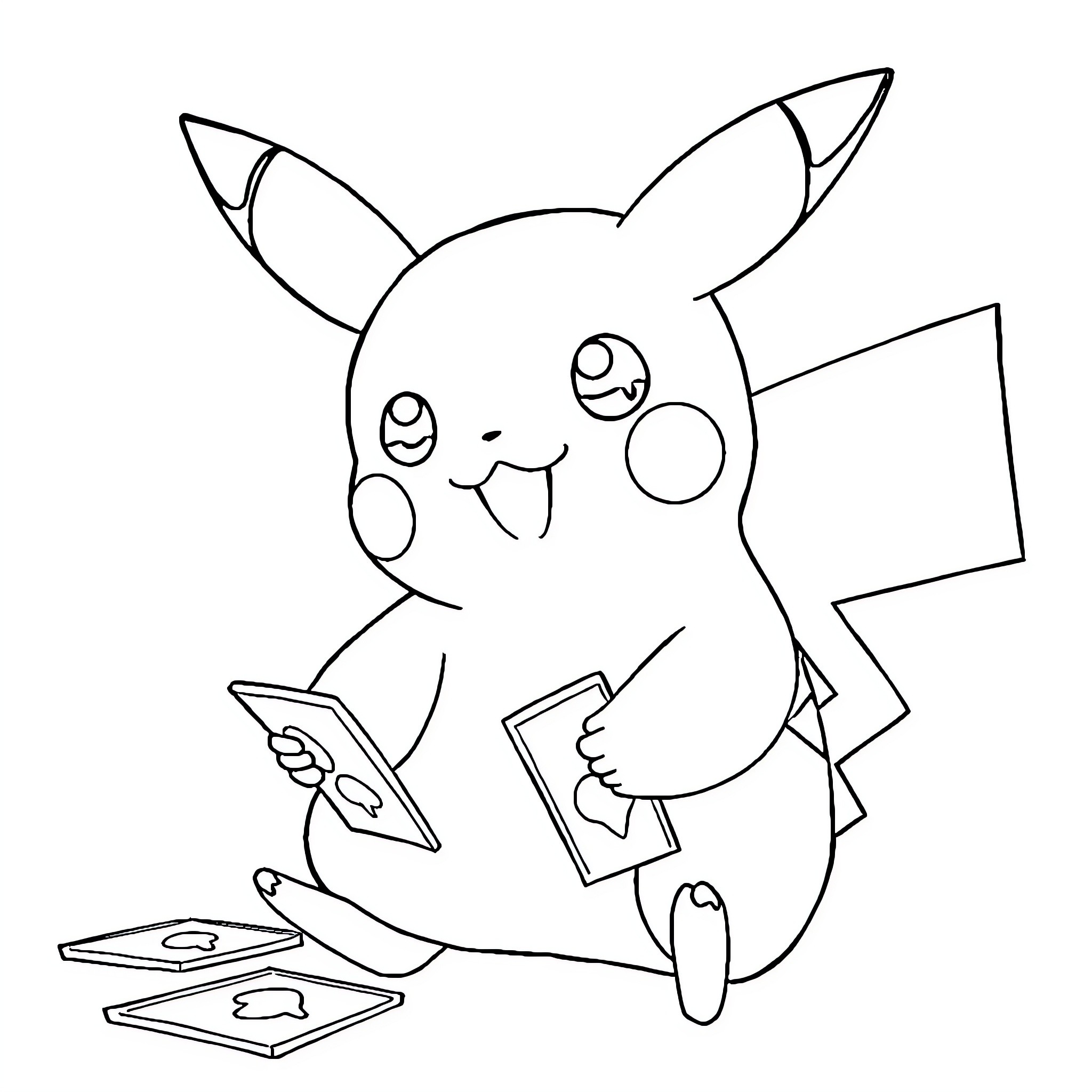 Pikachu Playing Handheld Game Coloring Page (free black-and-white line drawing printable PDF for all, from beginners to advanced learners, including children, teens, adults, and seniors)