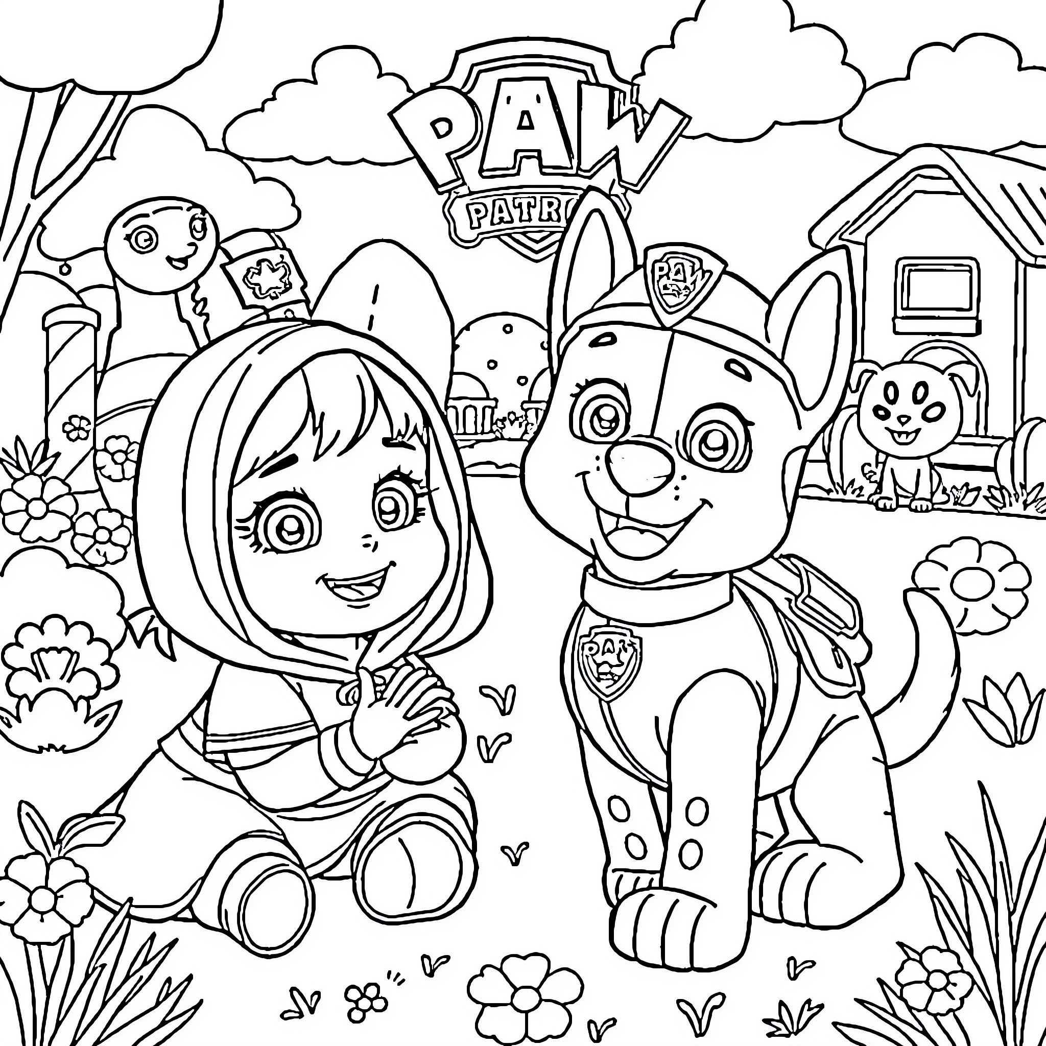 Masha and Bear playing together in a scenic outdoor setting Coloring Page (free black-and-white line drawing printable PDF for all, from beginners to advanced learners, including children, teens, adults, and seniors)