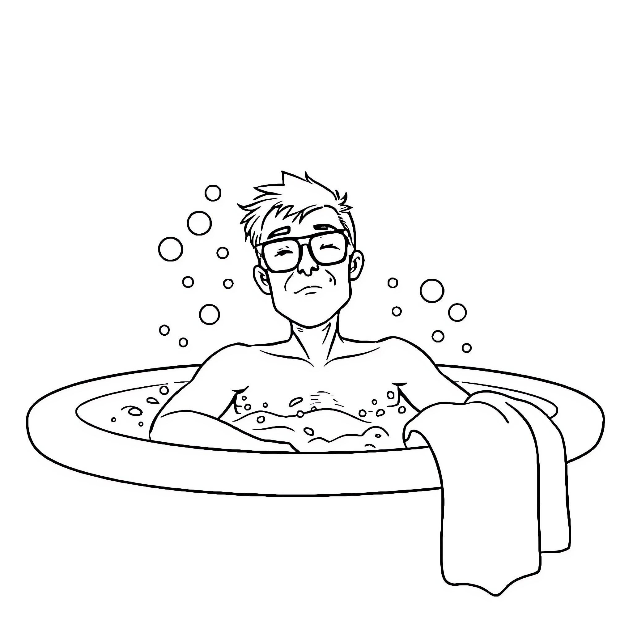 Man relaxing in a bubbly bathtub Coloring Page (free black-and-white line drawing printable PDF for all, from beginners to advanced learners, including children, teens, adults, and seniors)