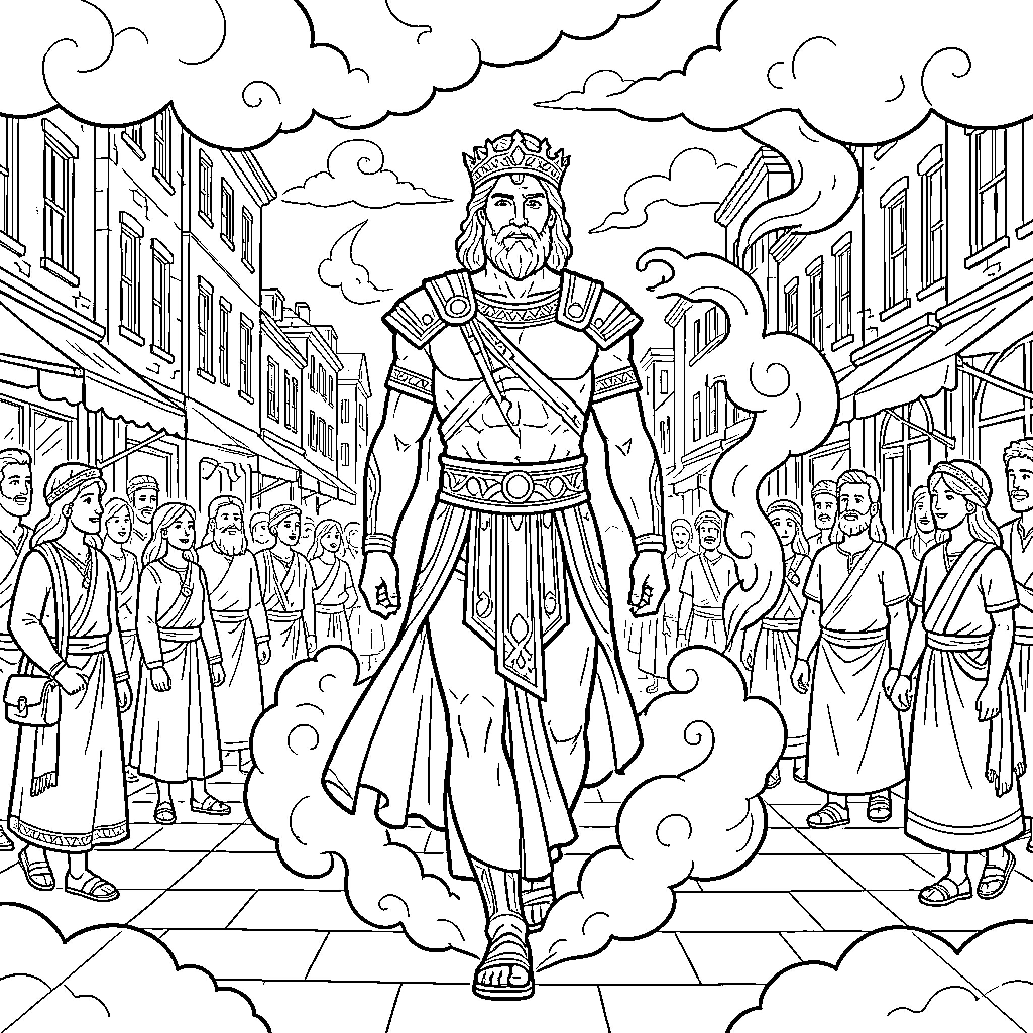 Zeus walking majestically through a crowded city street Coloring Page (free black-and-white line drawing printable PDF for all, from beginners to advanced learners, including children, teens, adults, and seniors)