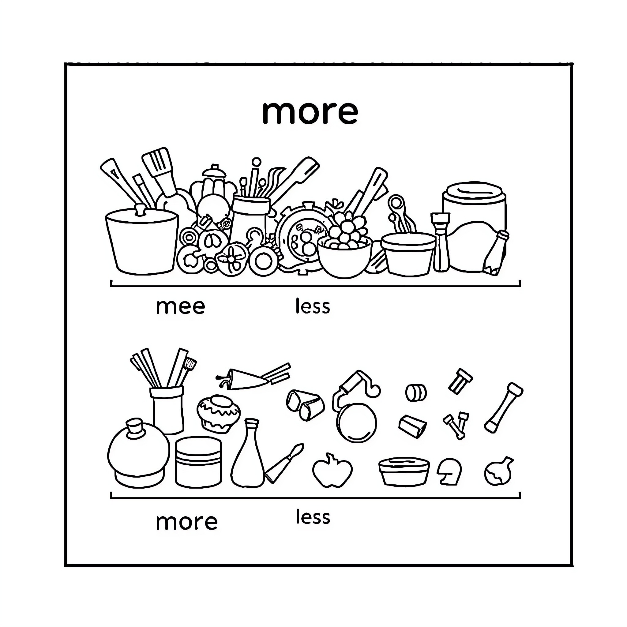Set of Contrasting Household Items and Utensils Coloring Page (free black-and-white line drawing printable PDF for all, from beginners to advanced learners, including children, teens, adults, and seniors)