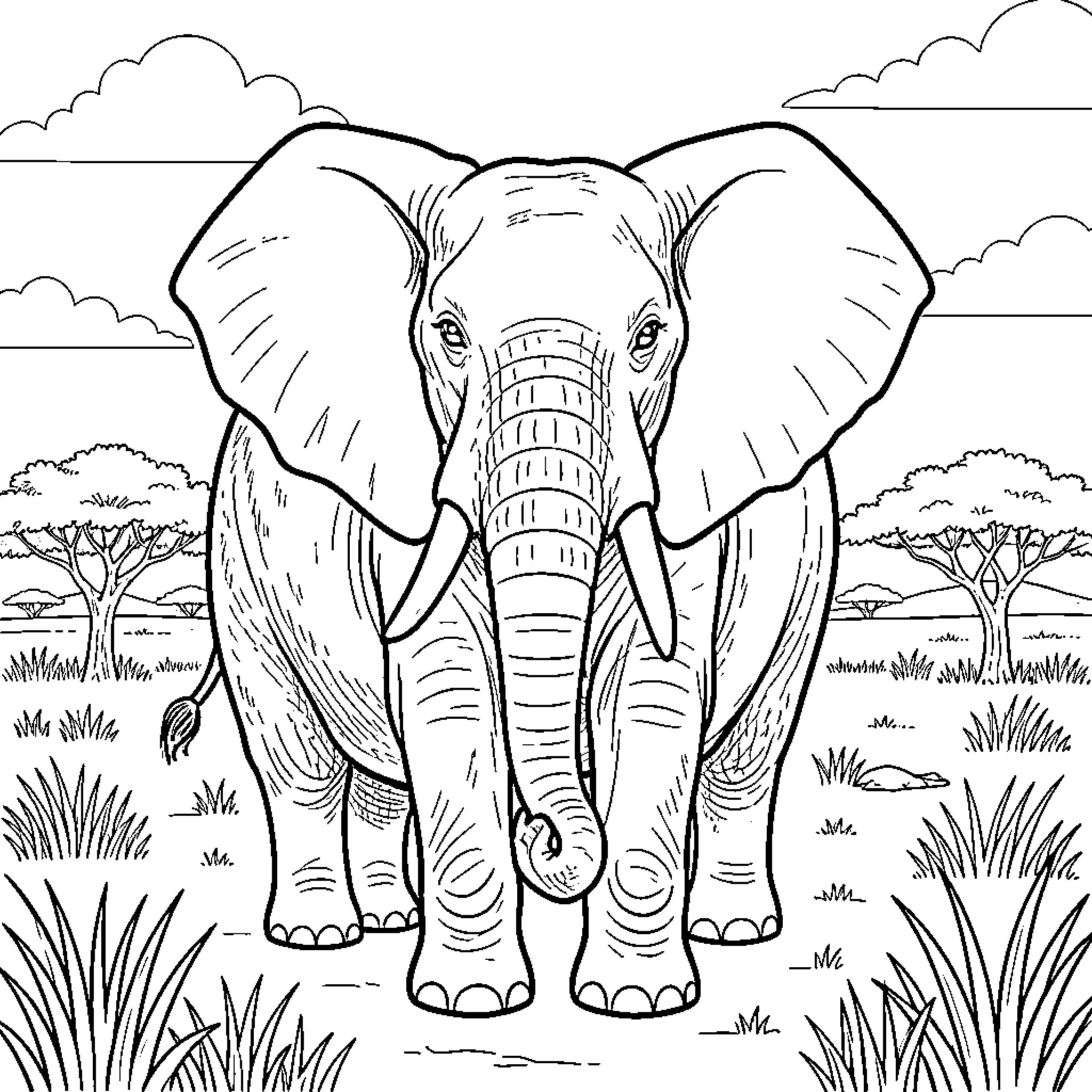 Elephant standing proud in the African savanna Coloring Page (free black-and-white line drawing printable PDF for all, from beginners to advanced learners, including children, teens, adults, and seniors)
