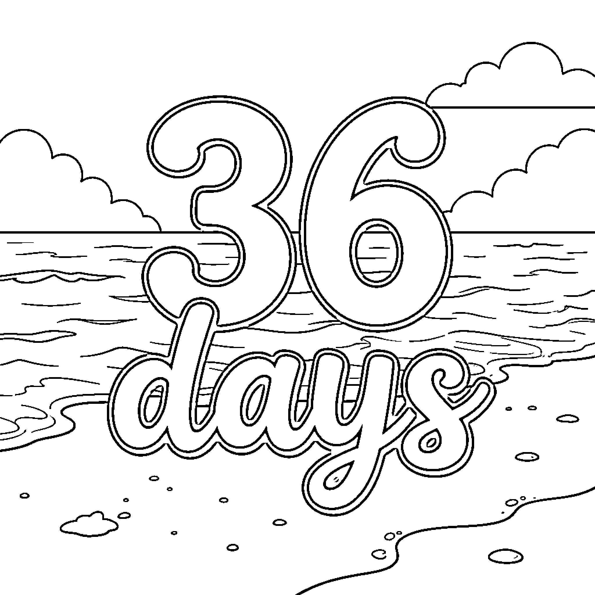 Number 36 days by the ocean Coloring Page (free black-and-white line drawing printable PDF for all, from beginners to advanced learners, including children, teens, adults, and seniors)