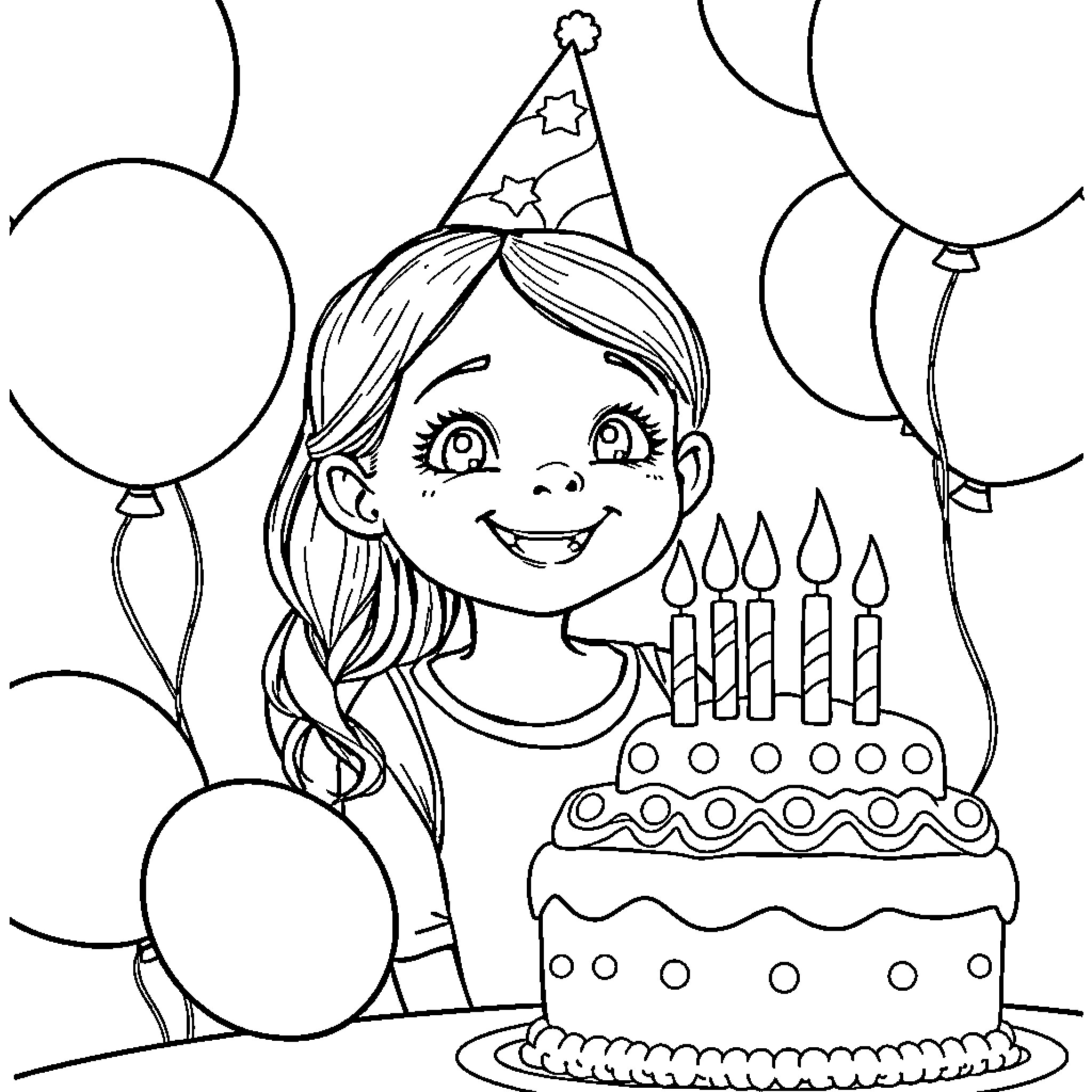 Girl celebrating her birthday with cake and balloons Coloring Page (free black-and-white line drawing printable PDF for all, from beginners to advanced learners, including children, teens, adults, and seniors)