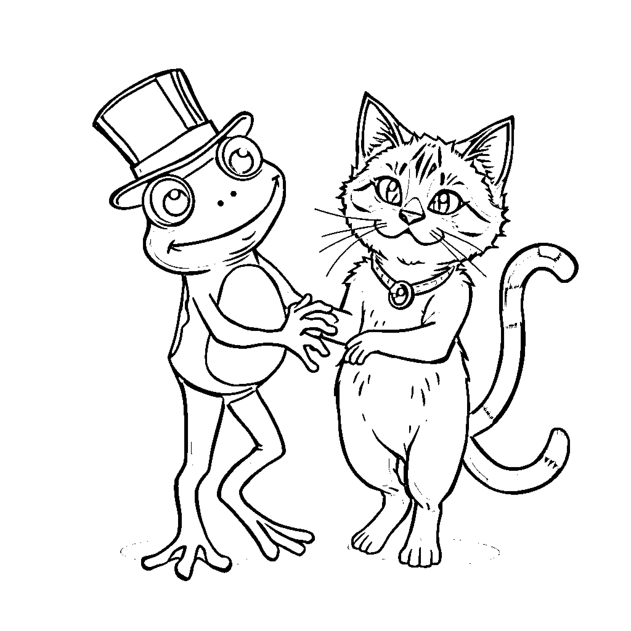 Frog and Cat in Formal Attire Coloring Page (free black-and-white line drawing printable PDF for all, from beginners to advanced learners, including children, teens, adults, and seniors)