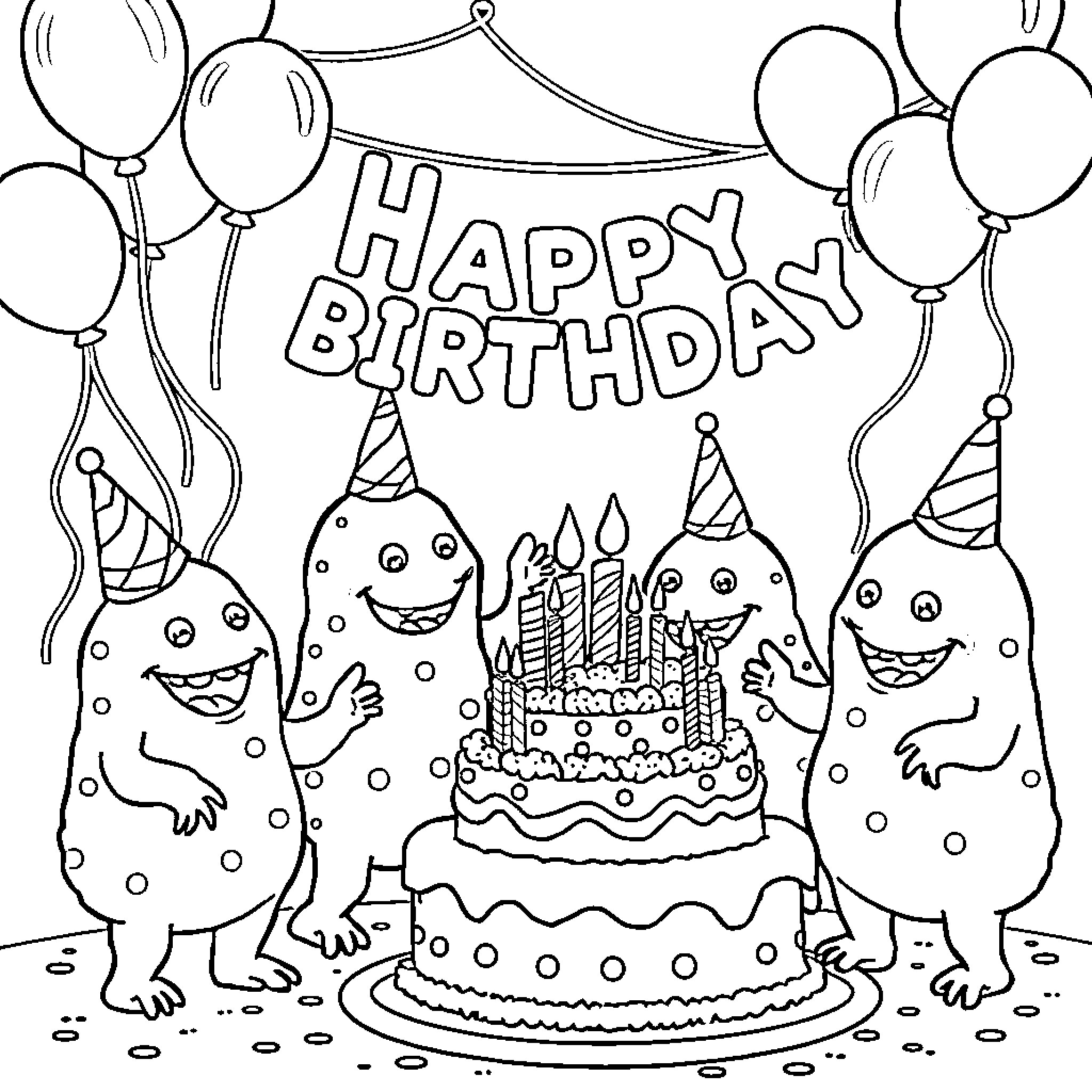 Creepy creatures celebrate a birthday Coloring Page (free black-and-white line drawing printable PDF for all, from beginners to advanced learners, including children, teens, adults, and seniors)