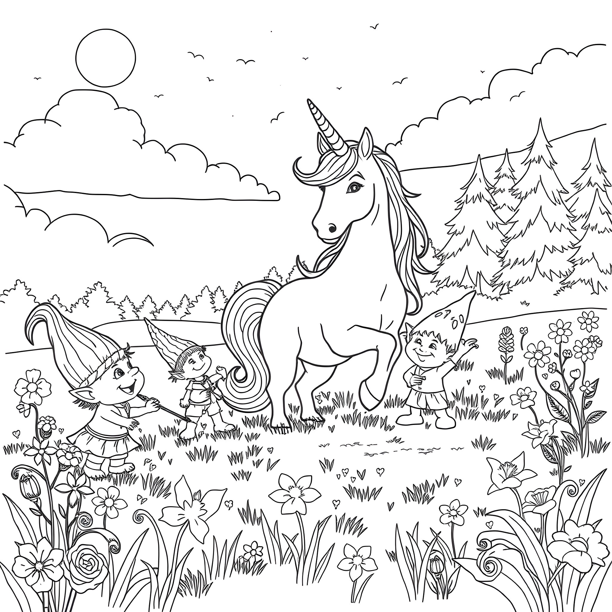 Troll and Unicorn enjoying the Magical Forest Coloring Page (free black-and-white line drawing printable PDF for all, from beginners to advanced learners, including children, teens, adults, and seniors)