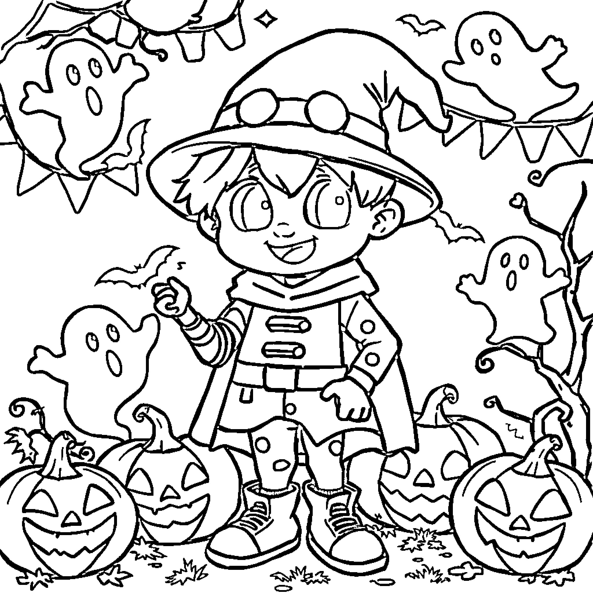 Stray Kids in a Spooky Halloween Scene Coloring Page (free black-and-white line drawing printable PDF for all, from beginners to advanced learners, including children, teens, adults, and seniors)