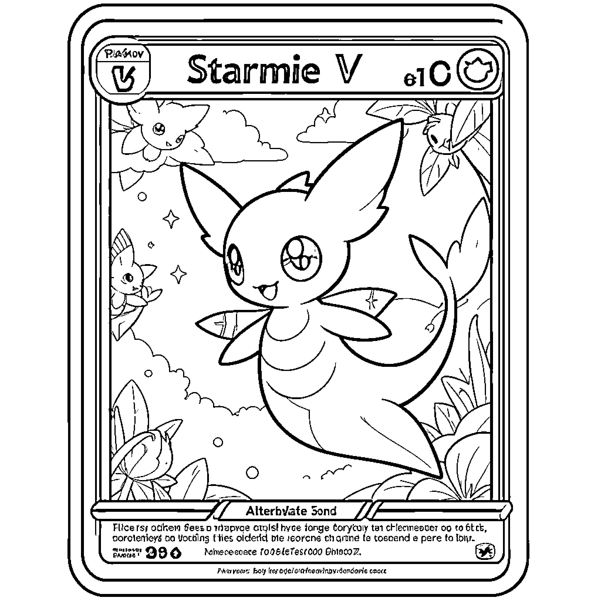 Starmie V appearing gracefully among clouds and stars Coloring Page (free black-and-white line drawing printable PDF for all, from beginners to advanced learners, including children, teens, adults, and seniors)