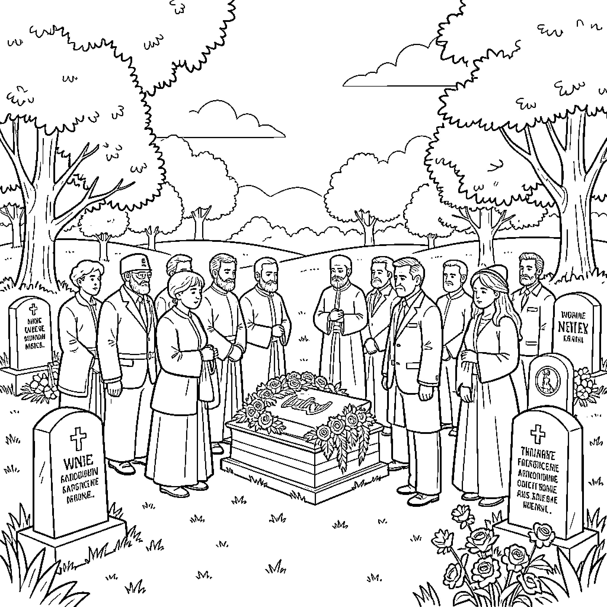 Funeral mourners gathered around a grave in a cemetery Coloring Page (free black-and-white line drawing printable PDF for all, from beginners to advanced learners, including children, teens, adults, and seniors)