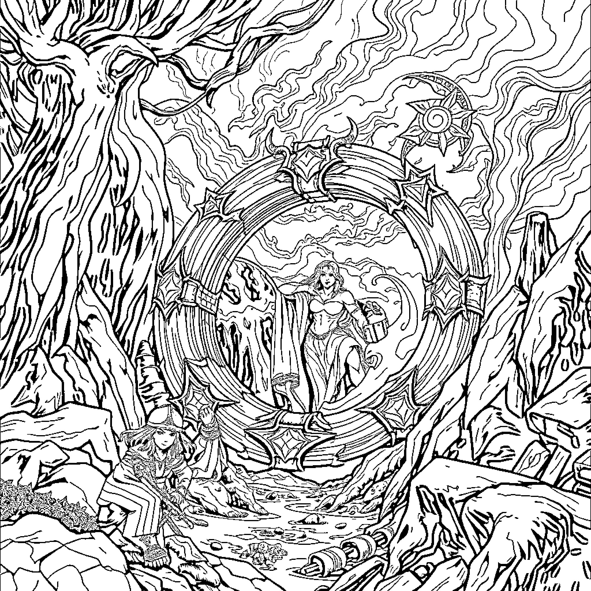 Elden Ring: Mystical Realm Exploration Coloring Page (free black-and-white line drawing printable PDF for all, from beginners to advanced learners, including children, teens, adults, and seniors)