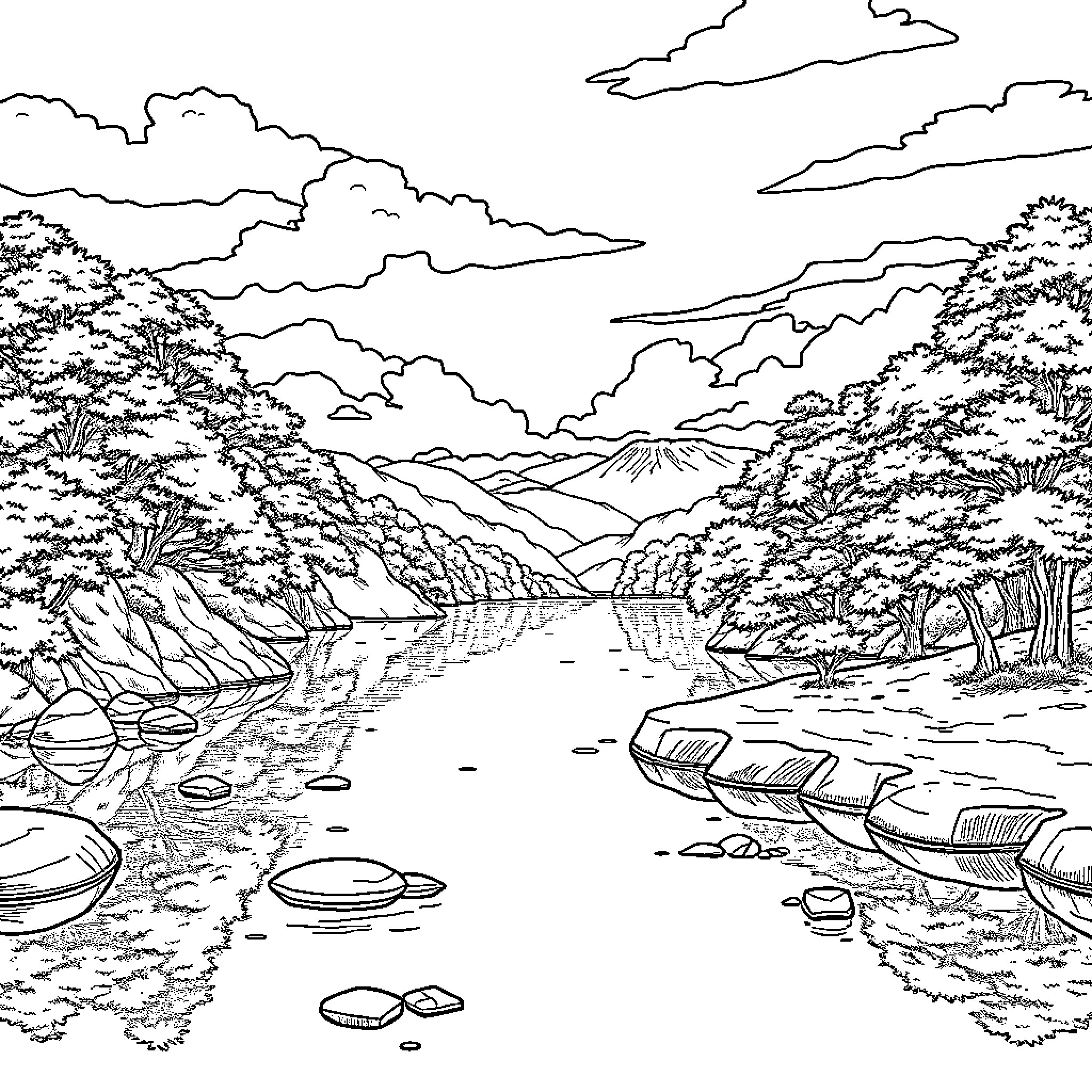Japan Landscape with Peaceful River Scenery Coloring Page (free black-and-white line drawing printable PDF for all, from beginners to advanced learners, including children, teens, adults, and seniors)