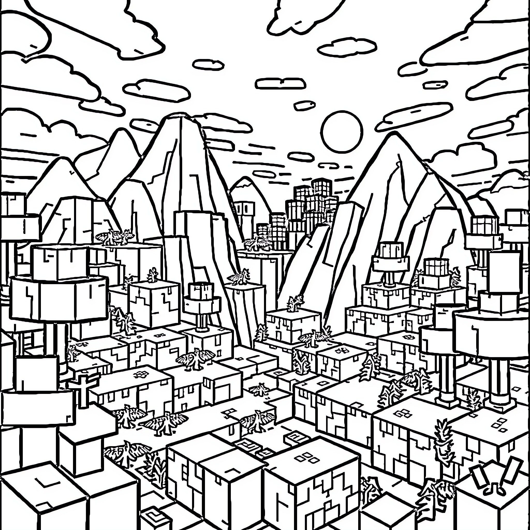 Minecraft Cityscape with Mountainous Backdrop Coloring Page (free black-and-white line drawing printable PDF for all, from beginners to advanced learners, including children, teens, adults, and seniors)