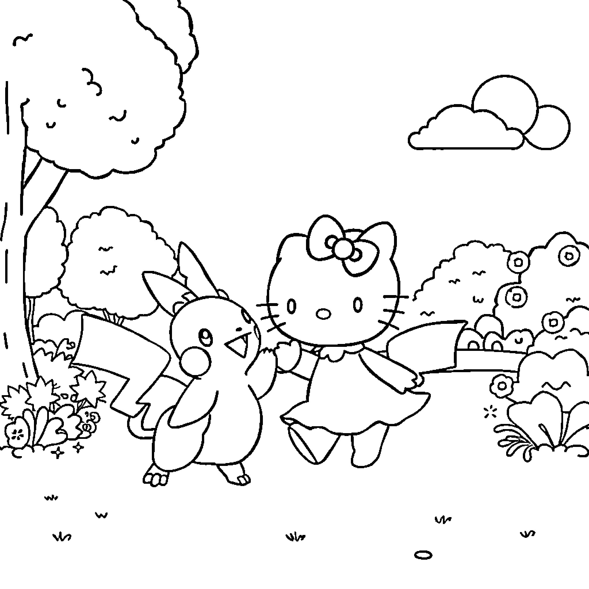 Hello Kitty and Friends in the Outdoor Scene Coloring Page (free black-and-white line drawing printable PDF for all, from beginners to advanced learners, including children, teens, adults, and seniors)