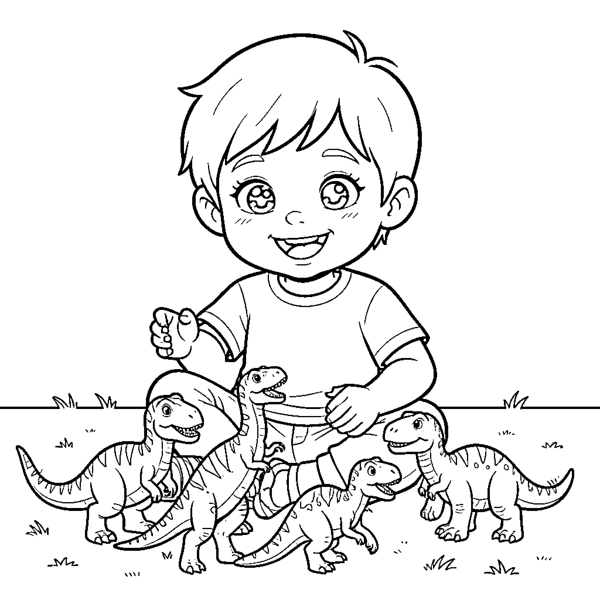 Niño playing happily with toy dinosaurs in the park Coloring Page (free black-and-white line drawing printable PDF for all, from beginners to advanced learners, including children, teens, adults, and seniors)