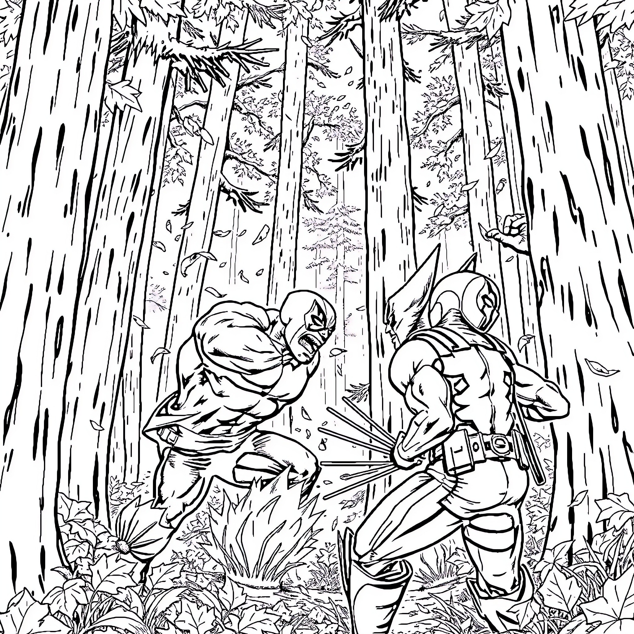 Hulk Smashing Through Jungle Foliage Coloring Page (free black-and-white line drawing printable PDF for all, from beginners to advanced learners, including children, teens, adults, and seniors)