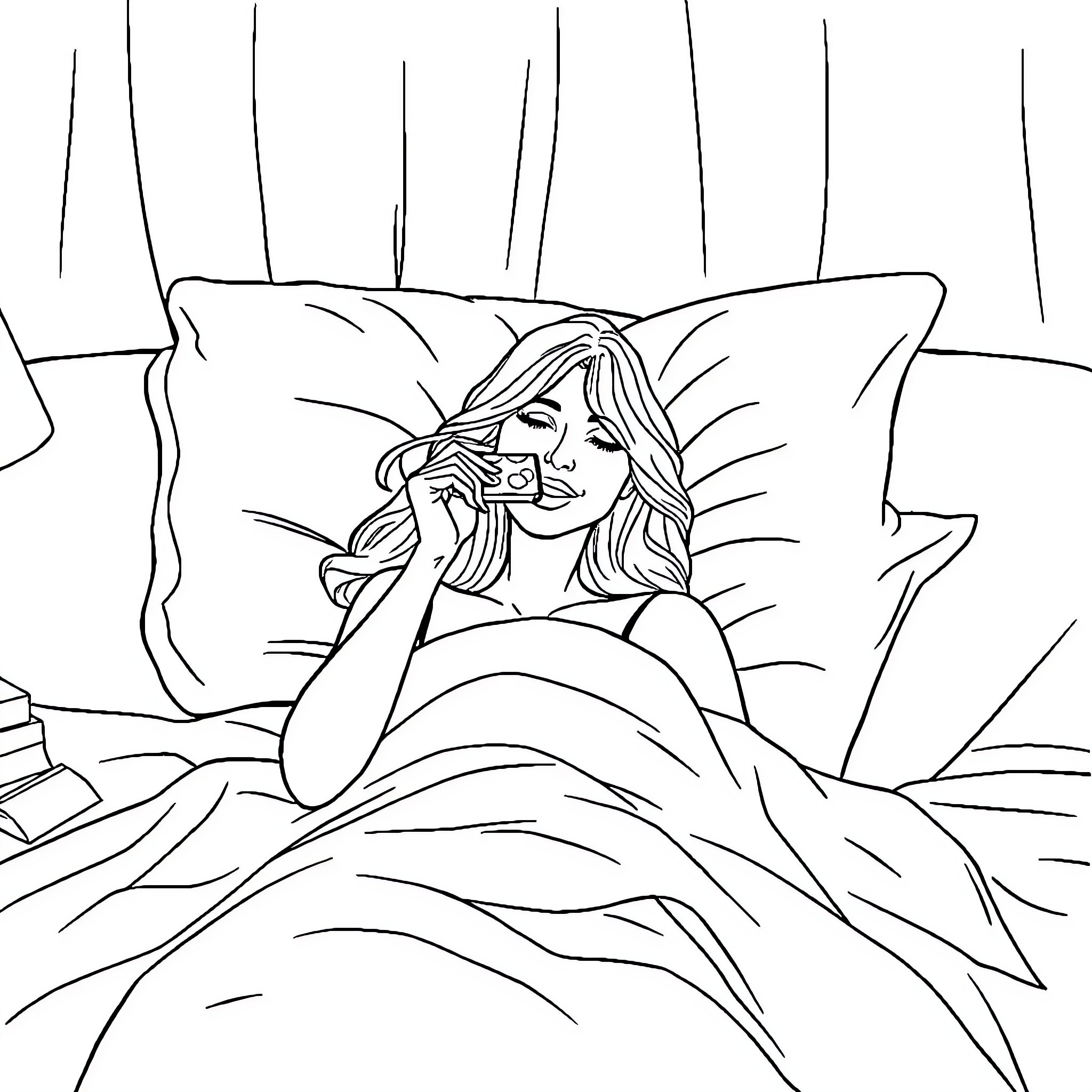 Lady resting in bed with book Coloring Page (free black-and-white line drawing printable PDF for all, from beginners to advanced learners, including children, teens, adults, and seniors)
