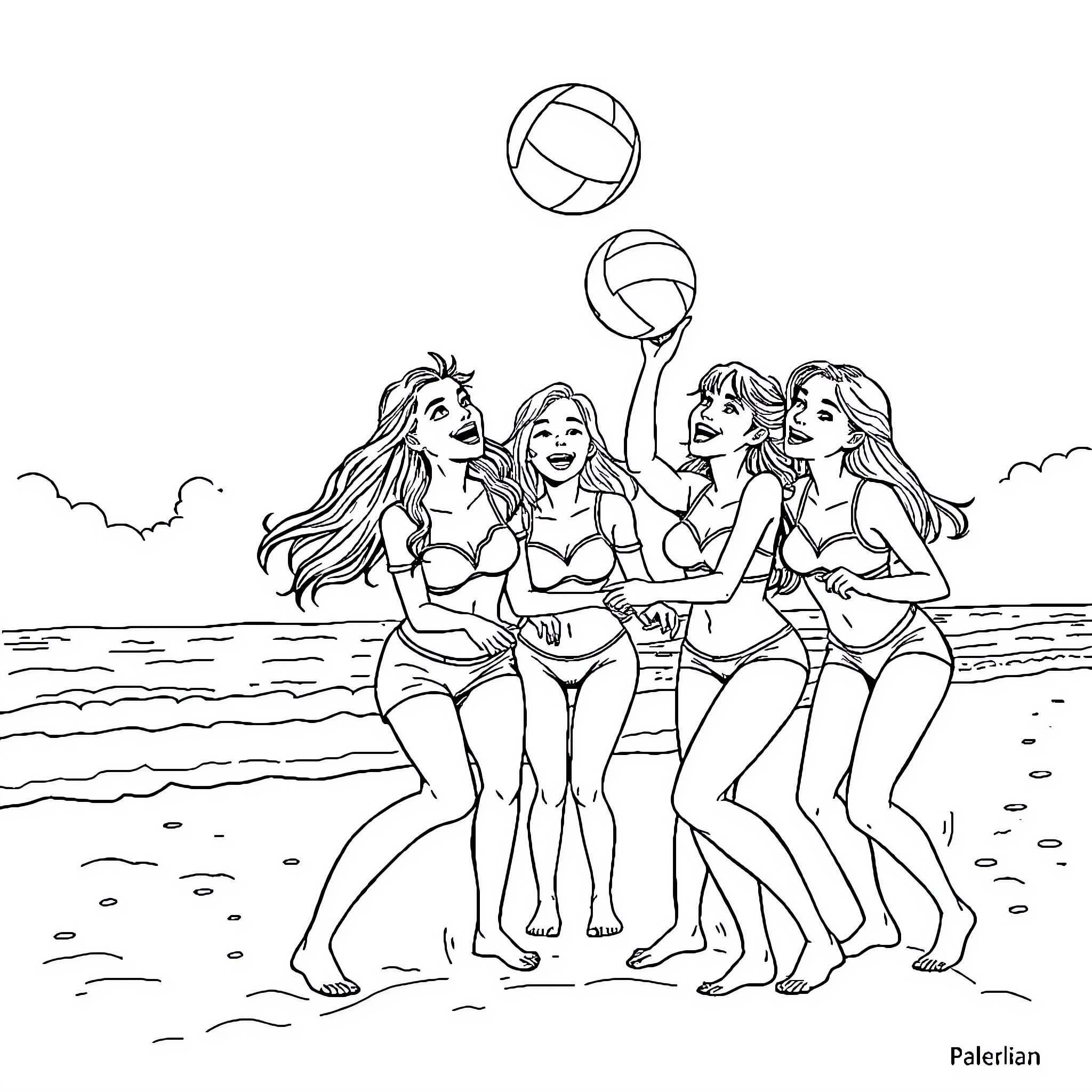 Girls playing beach volleyball on the shore Coloring Page (free black-and-white line drawing printable PDF for all, from beginners to advanced learners, including children, teens, adults, and seniors)