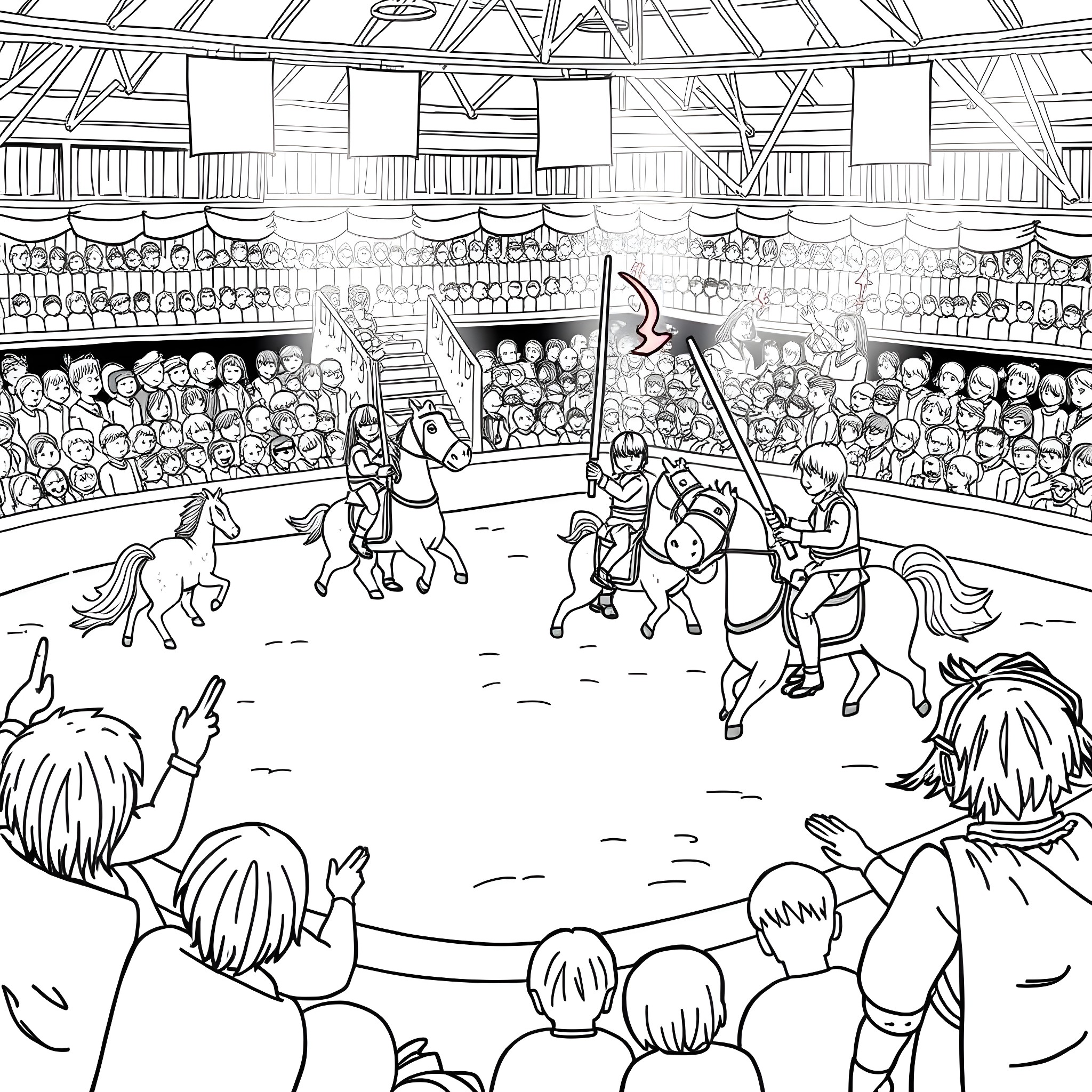 5th Grader Attending a Lively Equestrian Performance Coloring Page (free black-and-white line drawing printable PDF for all, from beginners to advanced learners, including children, teens, adults, and seniors)