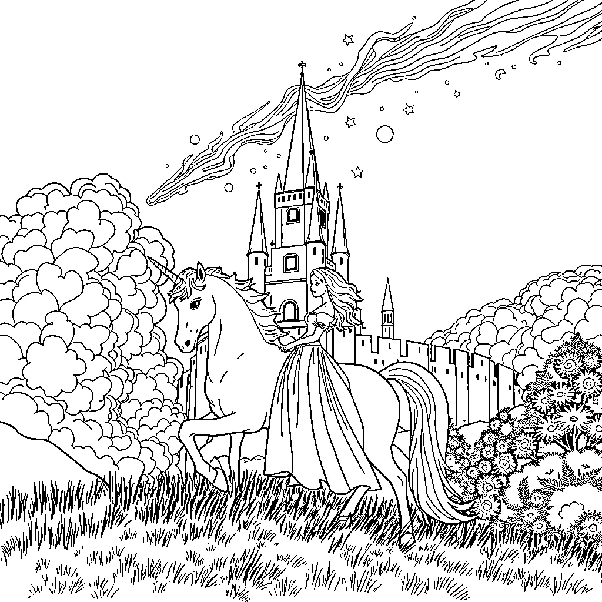 Unicorn galloping towards enchanting castle Coloring Page (free black-and-white line drawing printable PDF for all, from beginners to advanced learners, including children, teens, adults, and seniors)