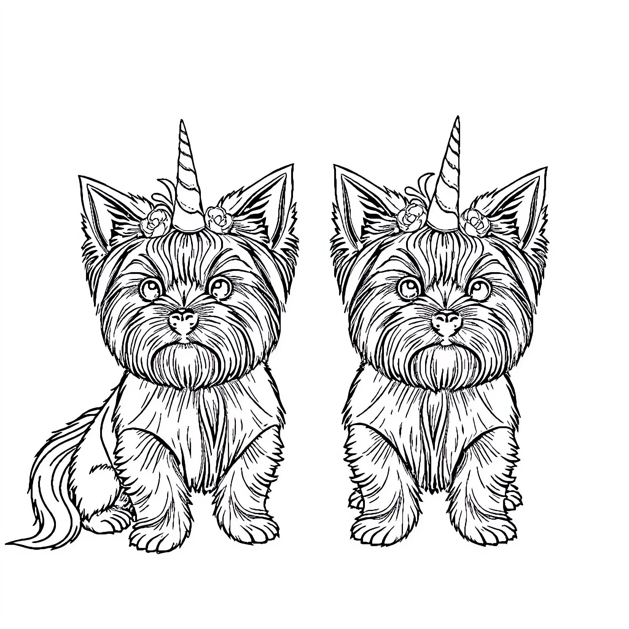 Yorkshire Terrier unicorns in whimsical outfits Coloring Page (free black-and-white line drawing printable PDF for all, from beginners to advanced learners, including children, teens, adults, and seniors)