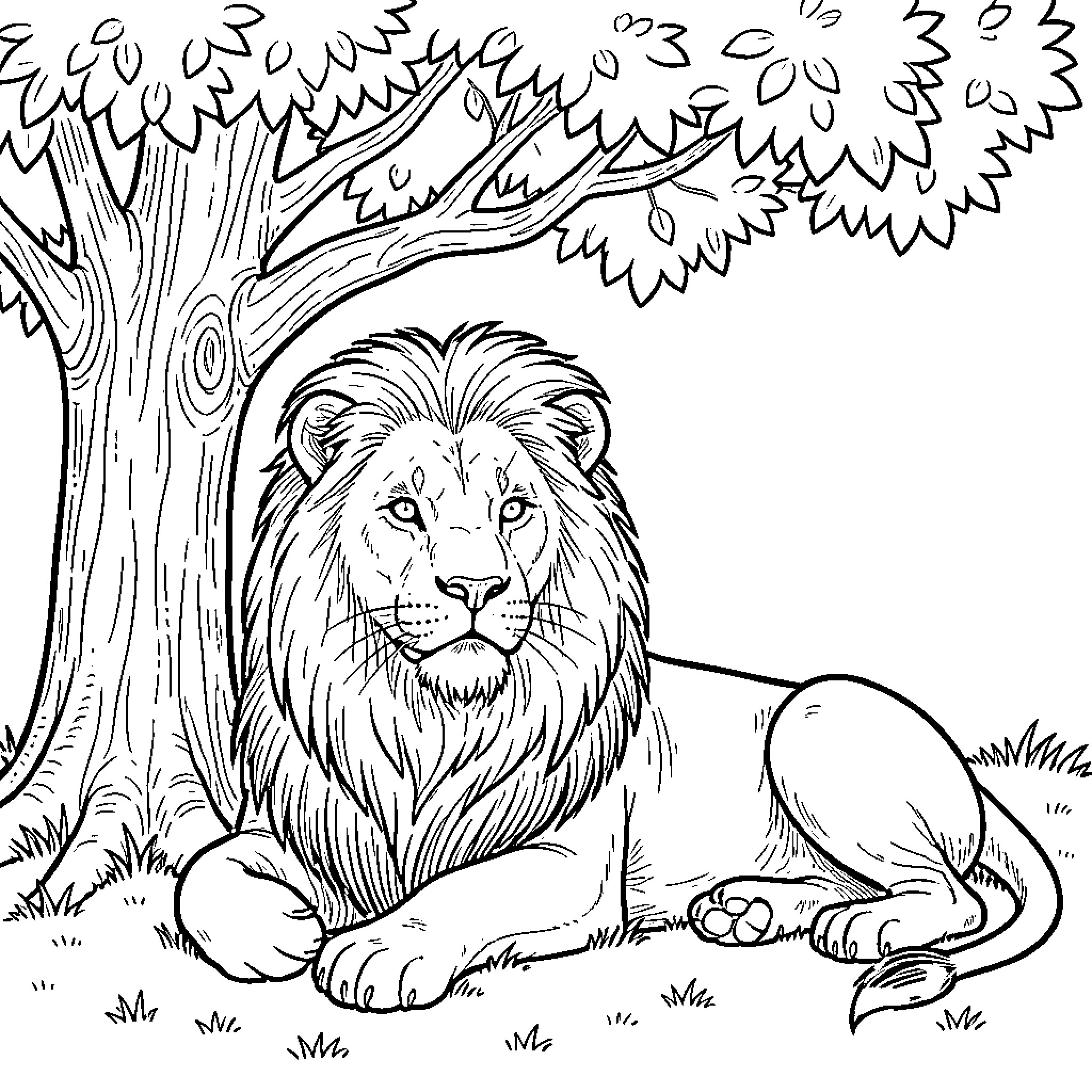 Lion resting under a shady tree Coloring Page (free black-and-white line drawing printable PDF for all, from beginners to advanced learners, including children, teens, adults, and seniors)