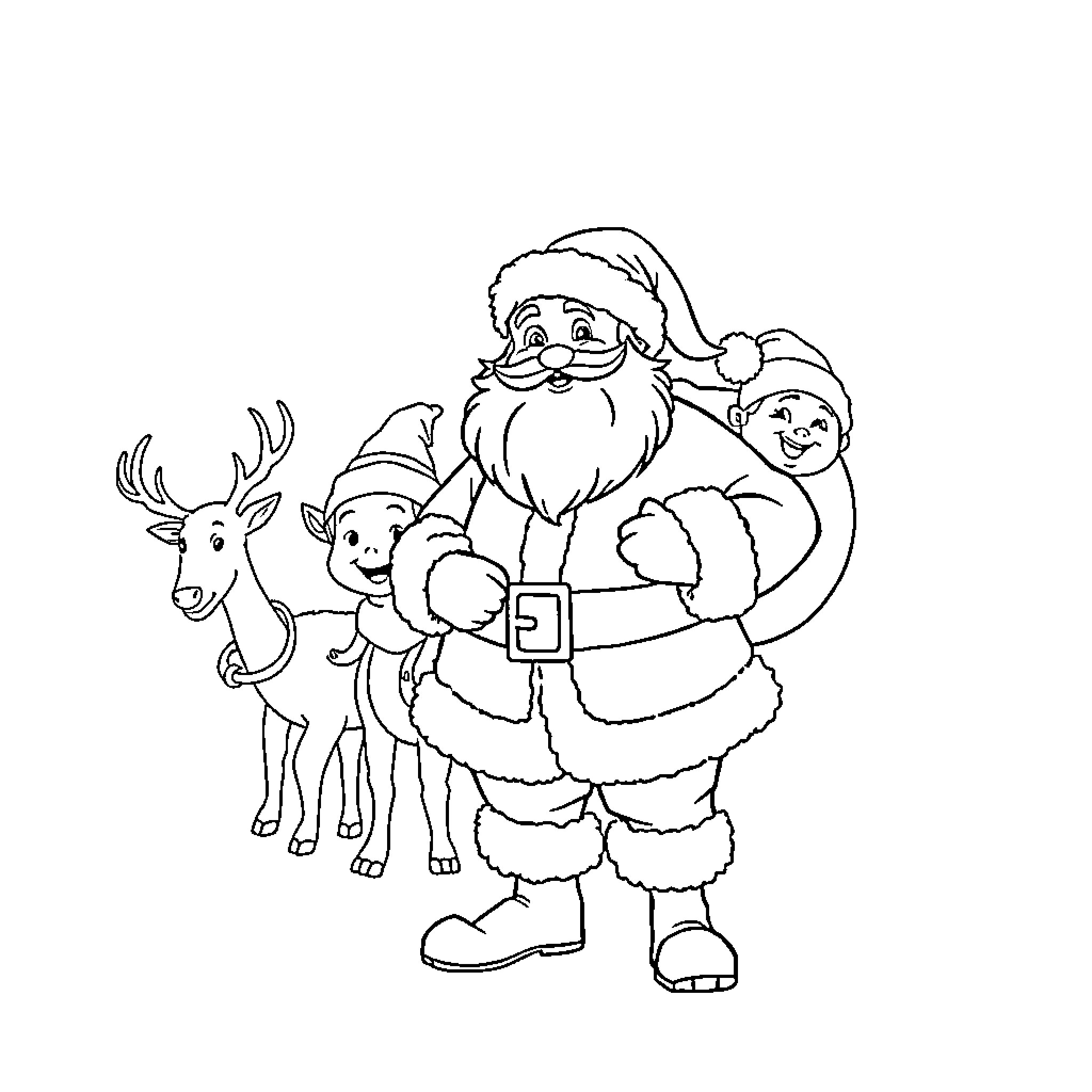 Santa Claus with Reindeer and Elves Coloring Page (free black-and-white line drawing printable PDF for all, from beginners to advanced learners, including children, teens, adults, and seniors)